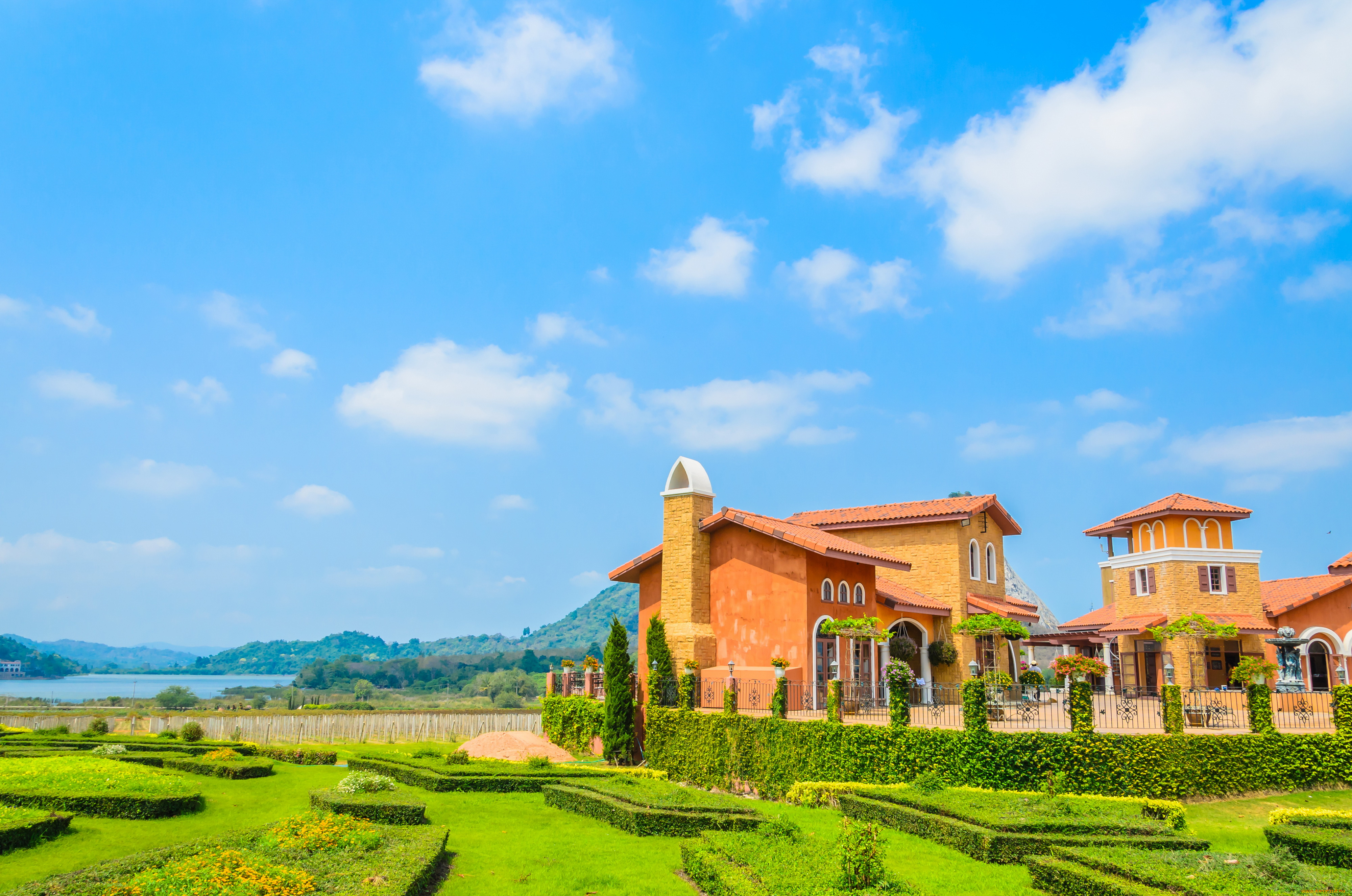 города, -, здания, , дома, газон, ландшафт, кусты, дом, осбняк