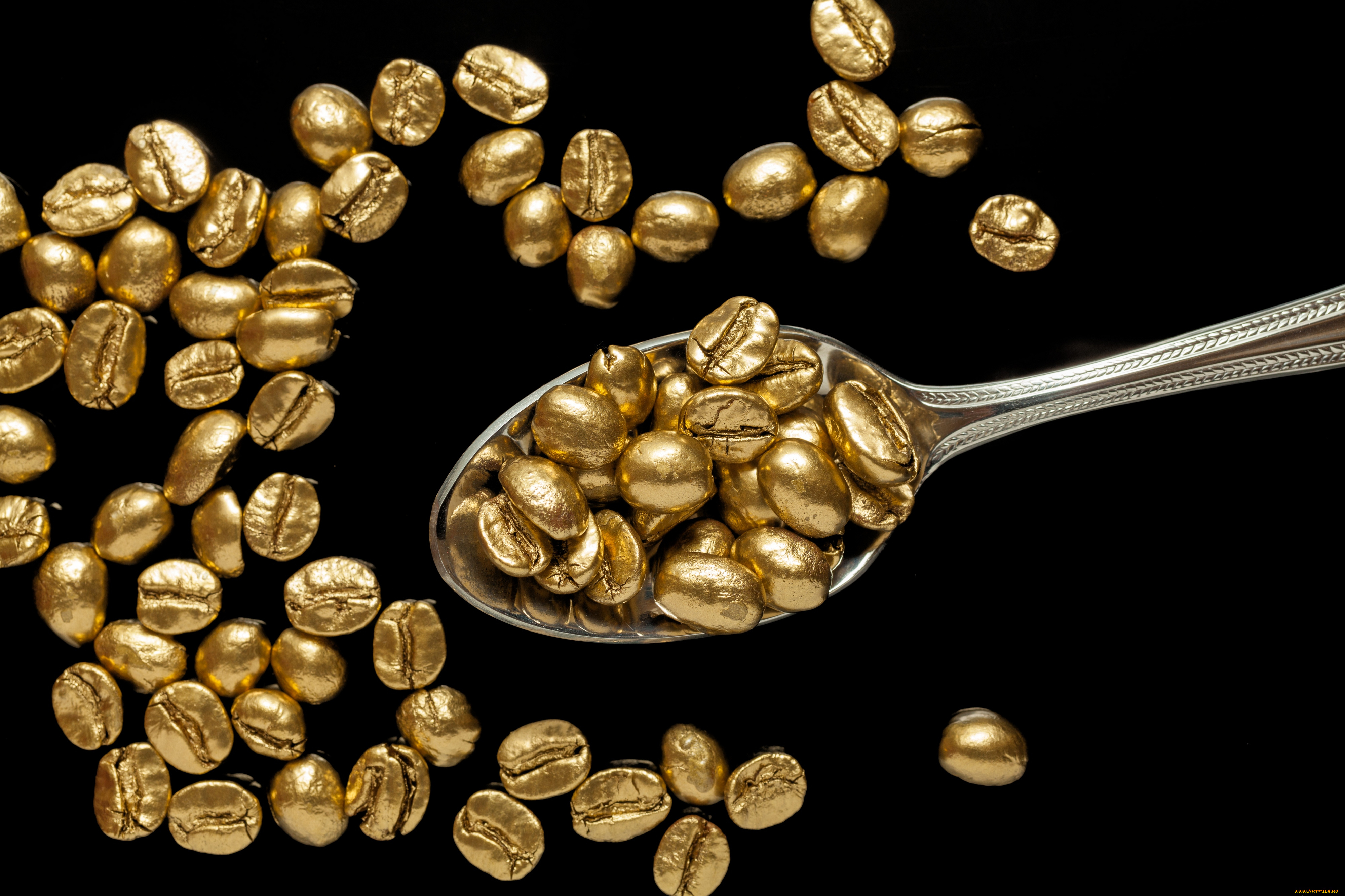 еда, кофе, , кофейные, зёрна, ложка, золото