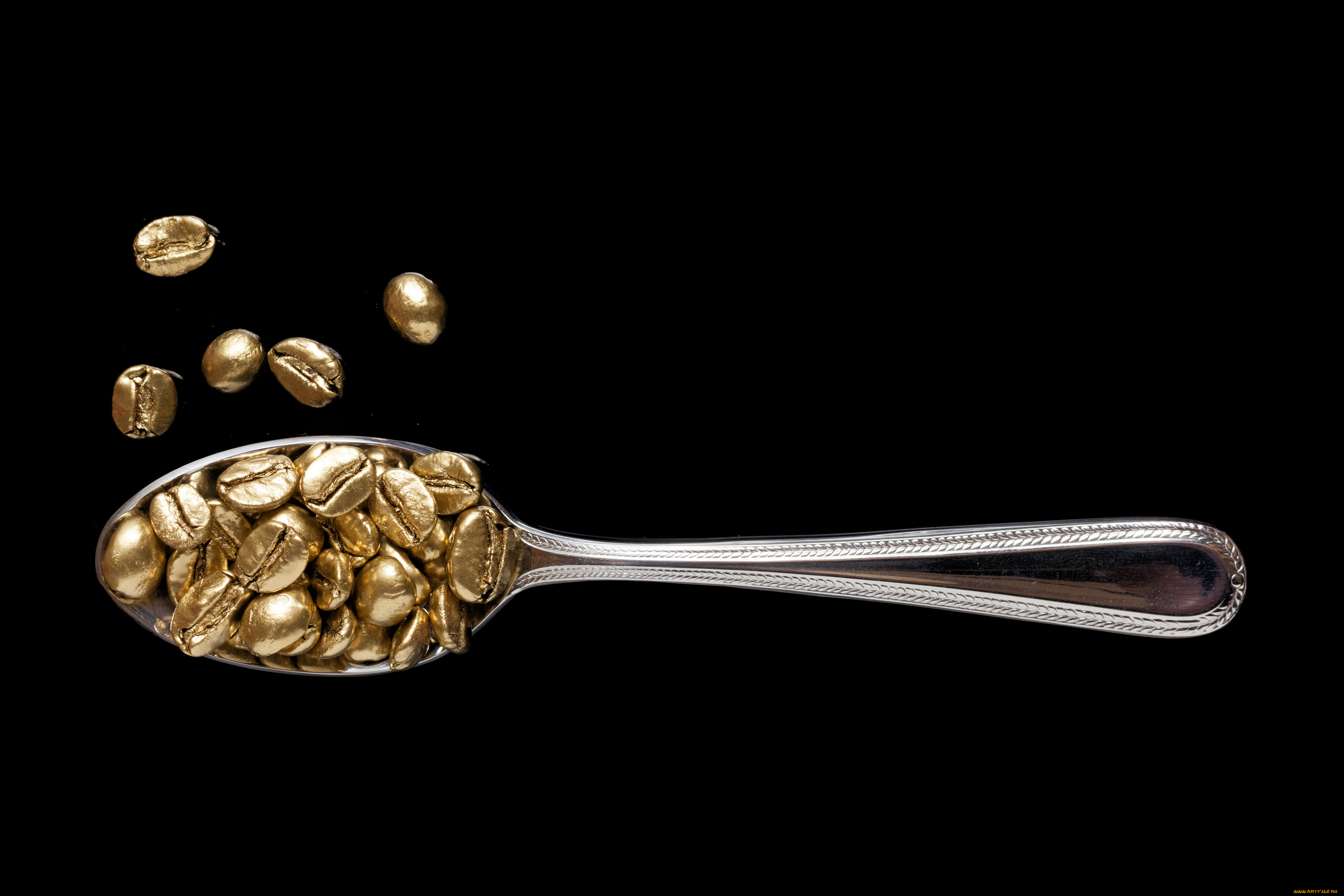 еда, кофе, , кофейные, зёрна, золото, ложка