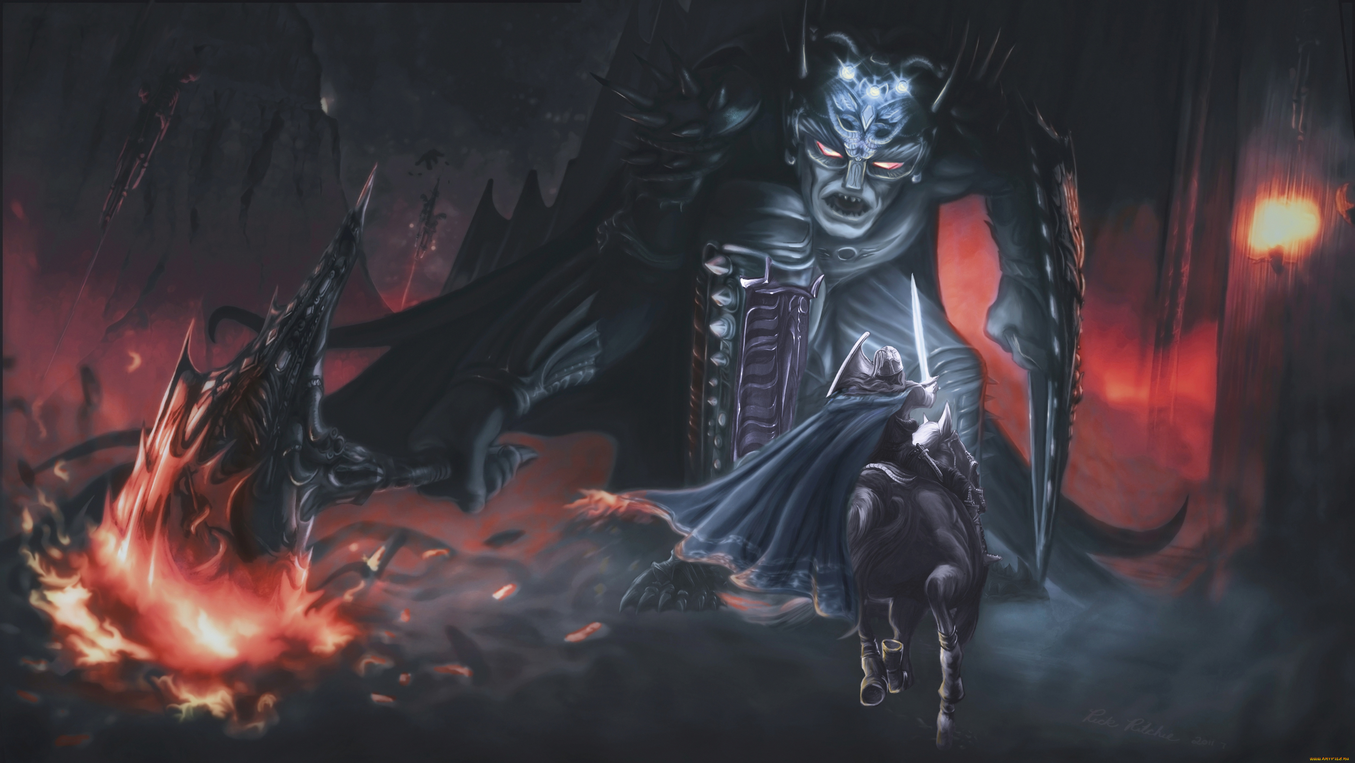 фэнтези, существа, схватка, гигант, монстр, всадник, рыцарь