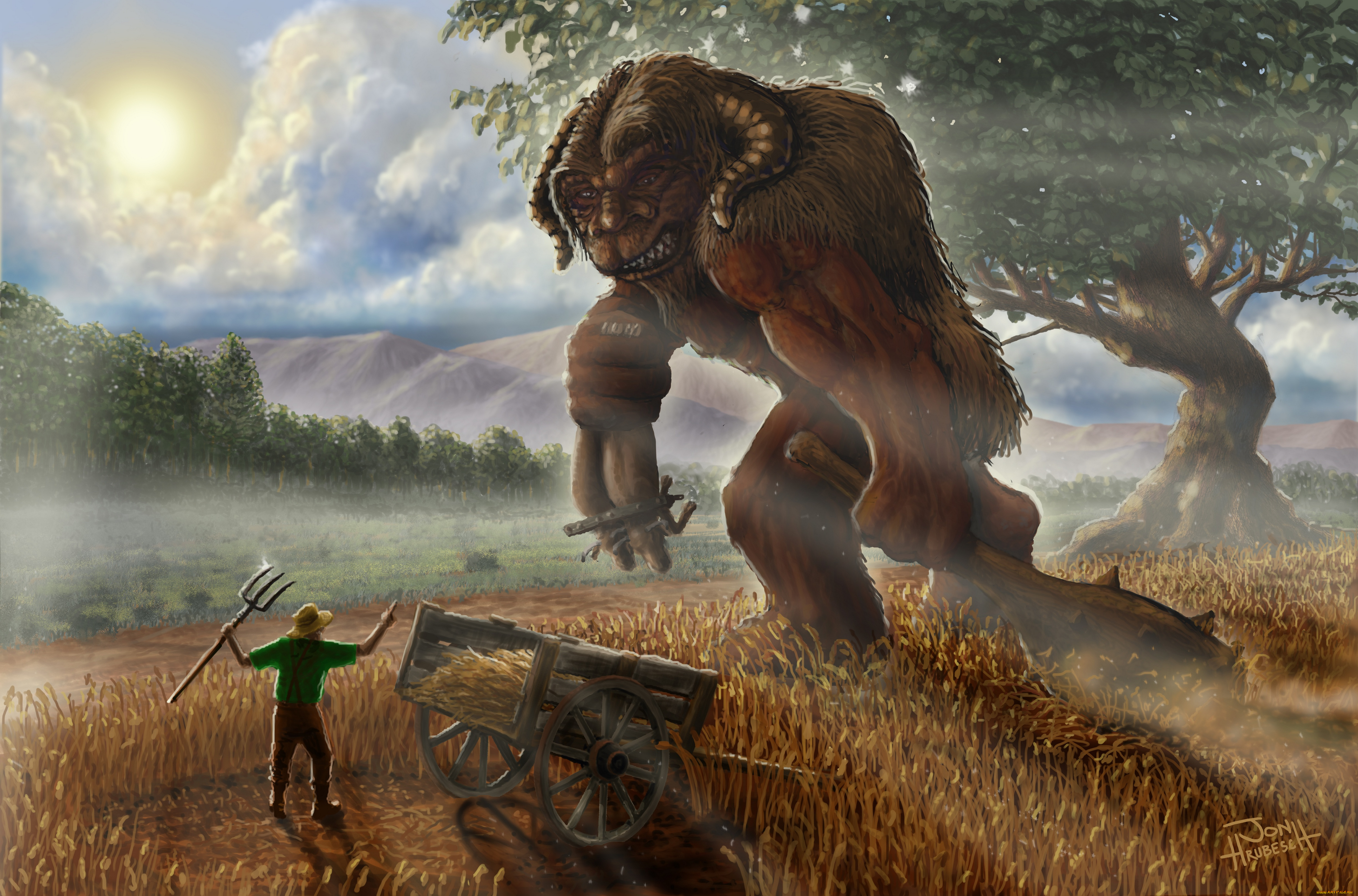 фэнтези, существа, поле, повозка, крестьянин, монстр, огр, гигант