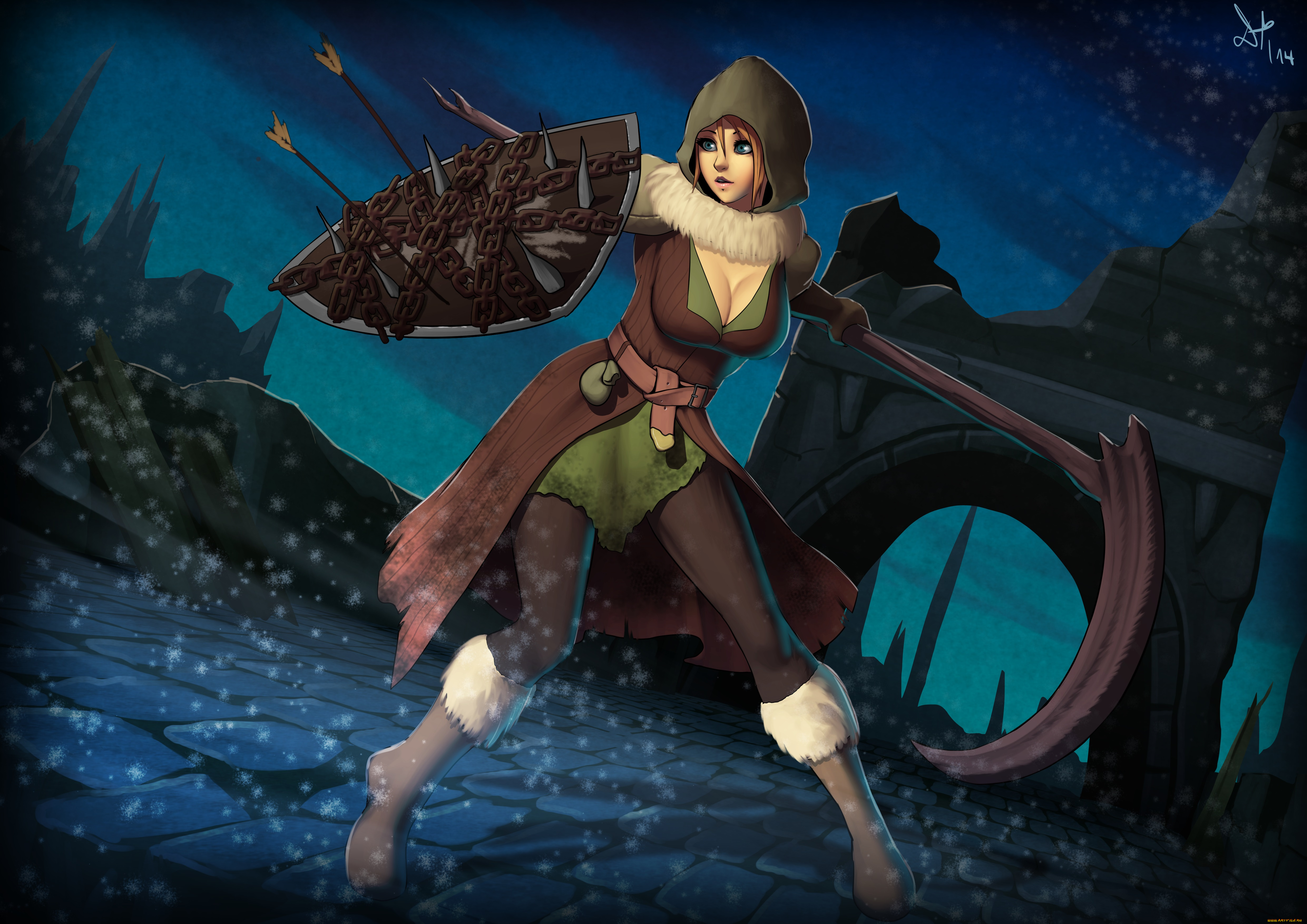 фэнтези, девушки, взгляд, девушка, щит, оружие, фон