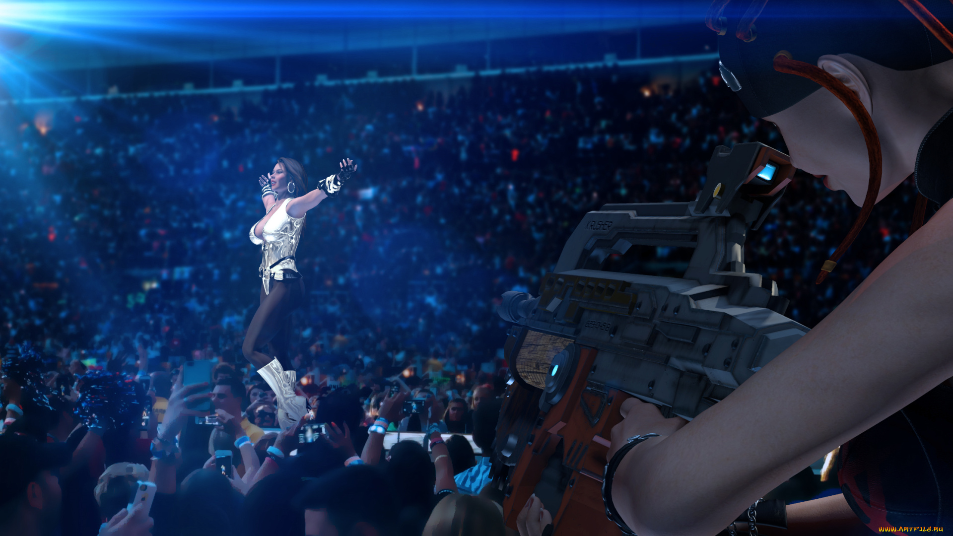 3д, графика, фантазия, , fantasy, девушка, взгляд, фон, amazon, falling, arrow