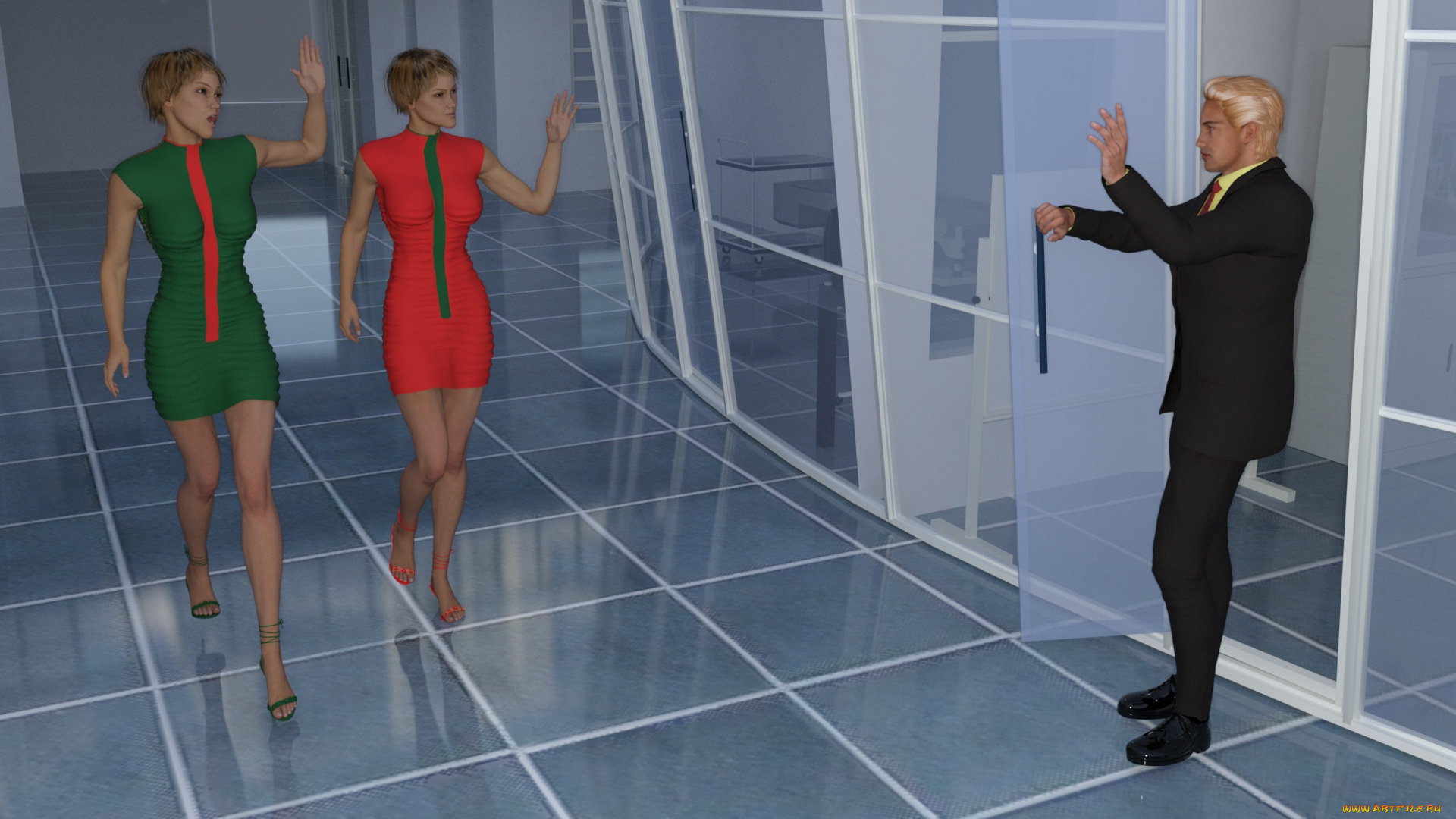 3д, графика, фантазия, , fantasy, коридор, мужчина, фон, взгляд, девушки