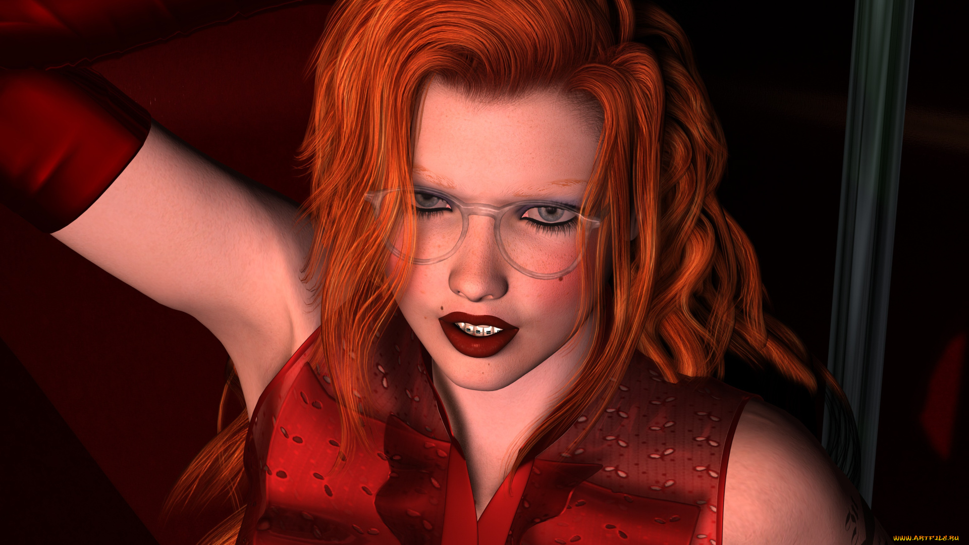 3д, графика, люди, , people, очки, рыжая, фон, взгляд, девушка