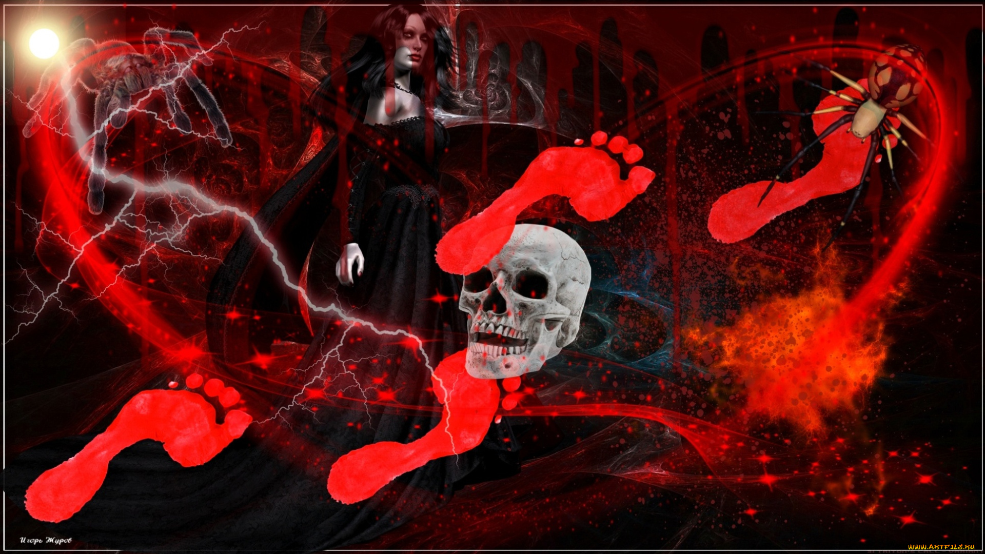 3д, графика, ужас, , horror, пауки, следы, череп, девушка