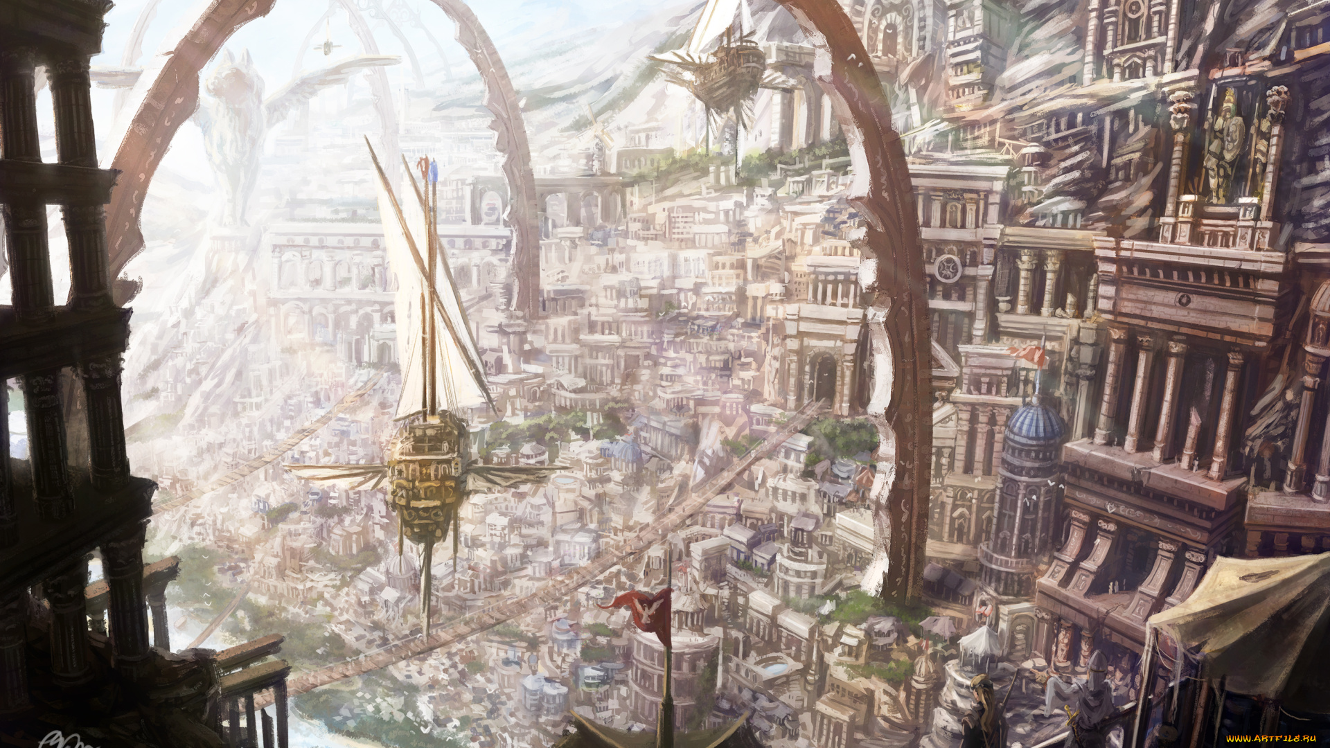 аниме, город, , улицы, , здания, фантастика, makkou4, корабли