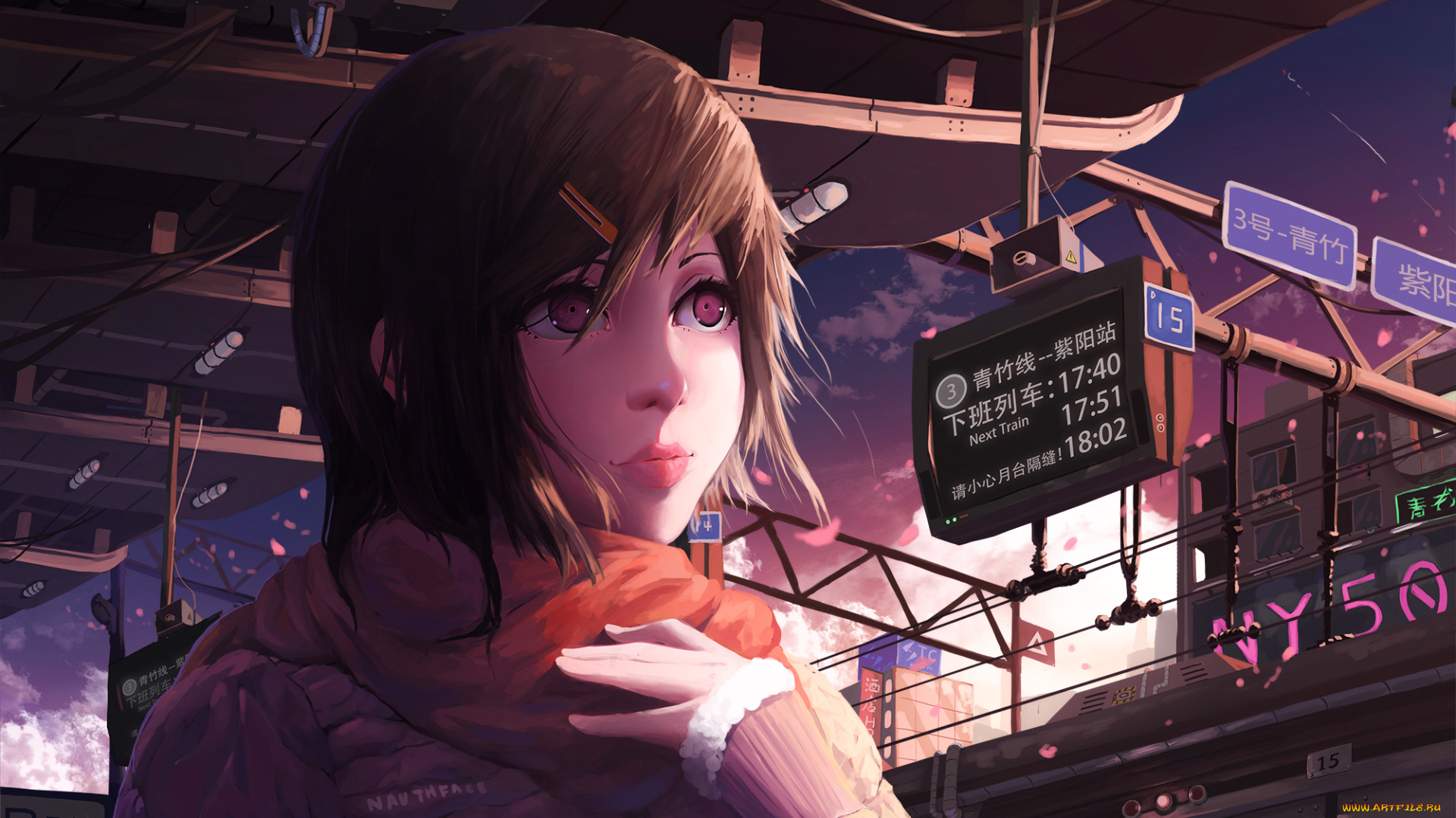 аниме, город, , улицы, , здания, фон, поезд, взгляд, девушка