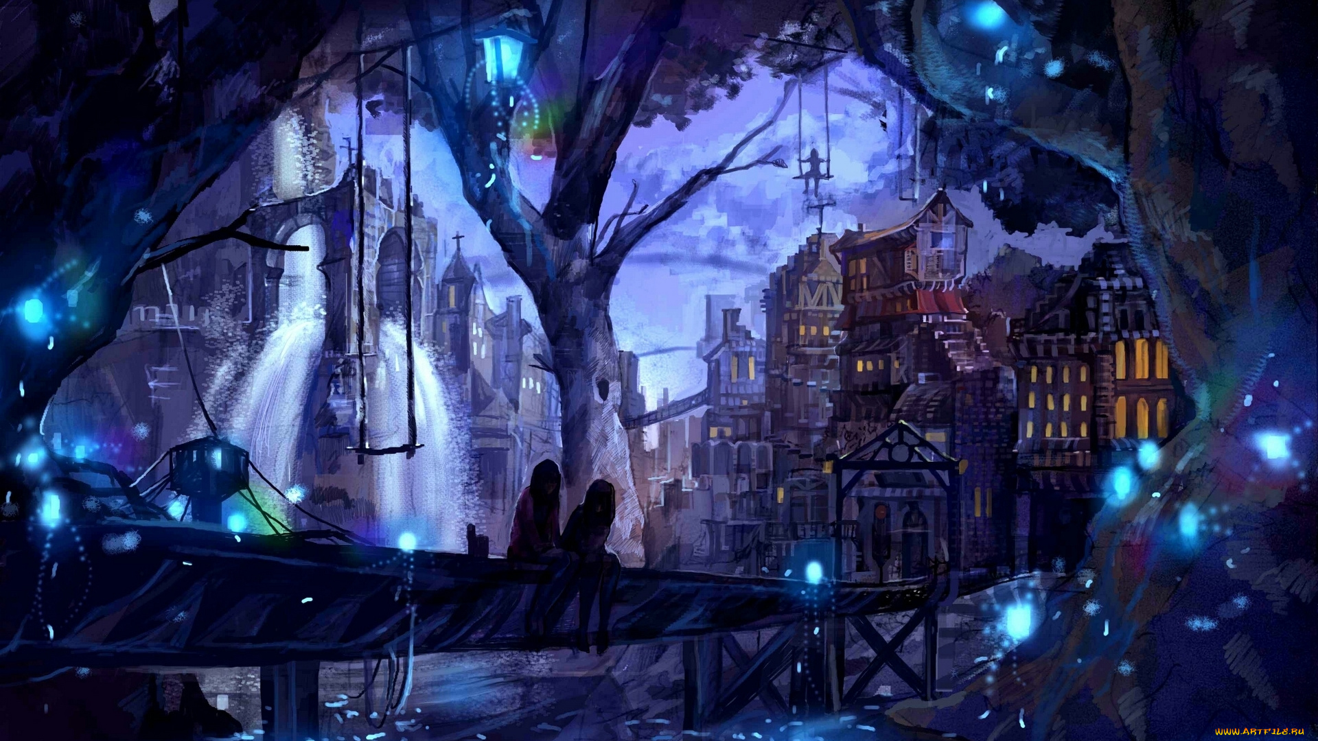 аниме, город, , улицы, , здания, водопад, небо, облака, девушки, арт, tamago, yanagi, деревья, огни, вечер, дома