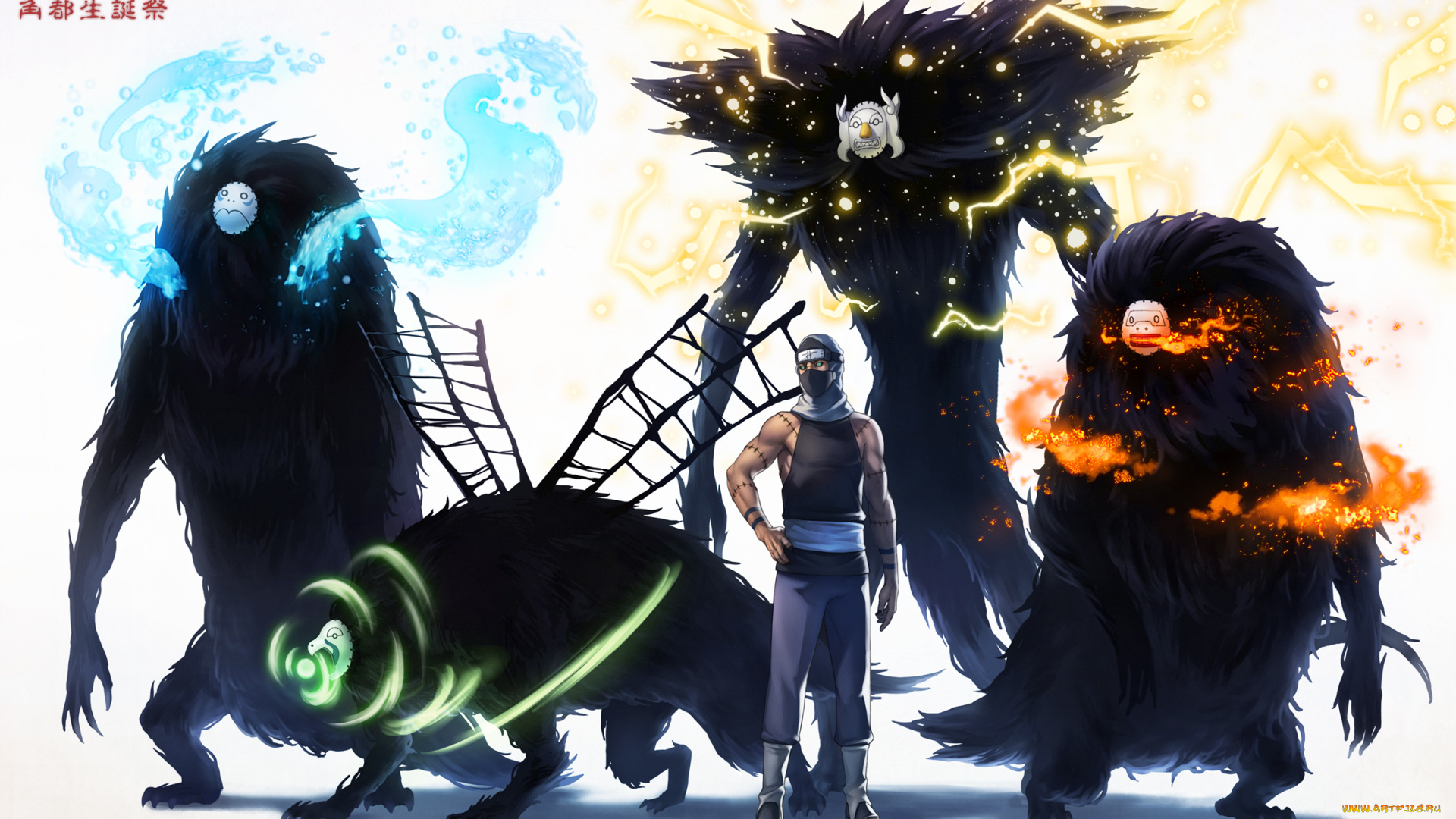 аниме, naruto, молния, воздух, вода, огонь, монстры, kakuzu, элементы, маски