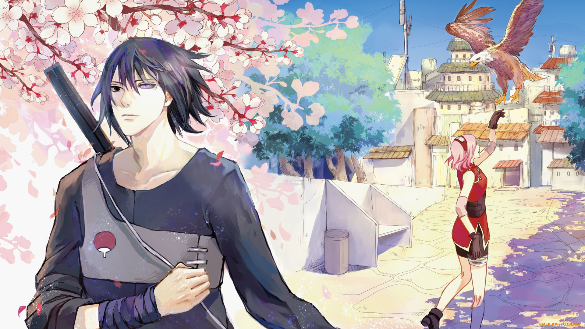 аниме, naruto, птица, орел, цветение, haruno, sakura, sasuke, uchuha, art