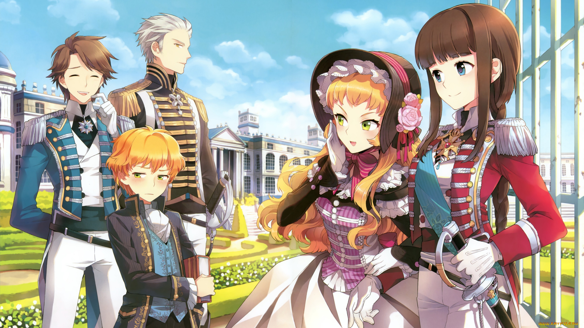 аниме, unknown, , другое, форма, военная, лужайка, дворец, парк, книга, пятёрка, nardack, камзол, шляпка, оружие, эполеты, art, орден, visual, novel, rosa, leone