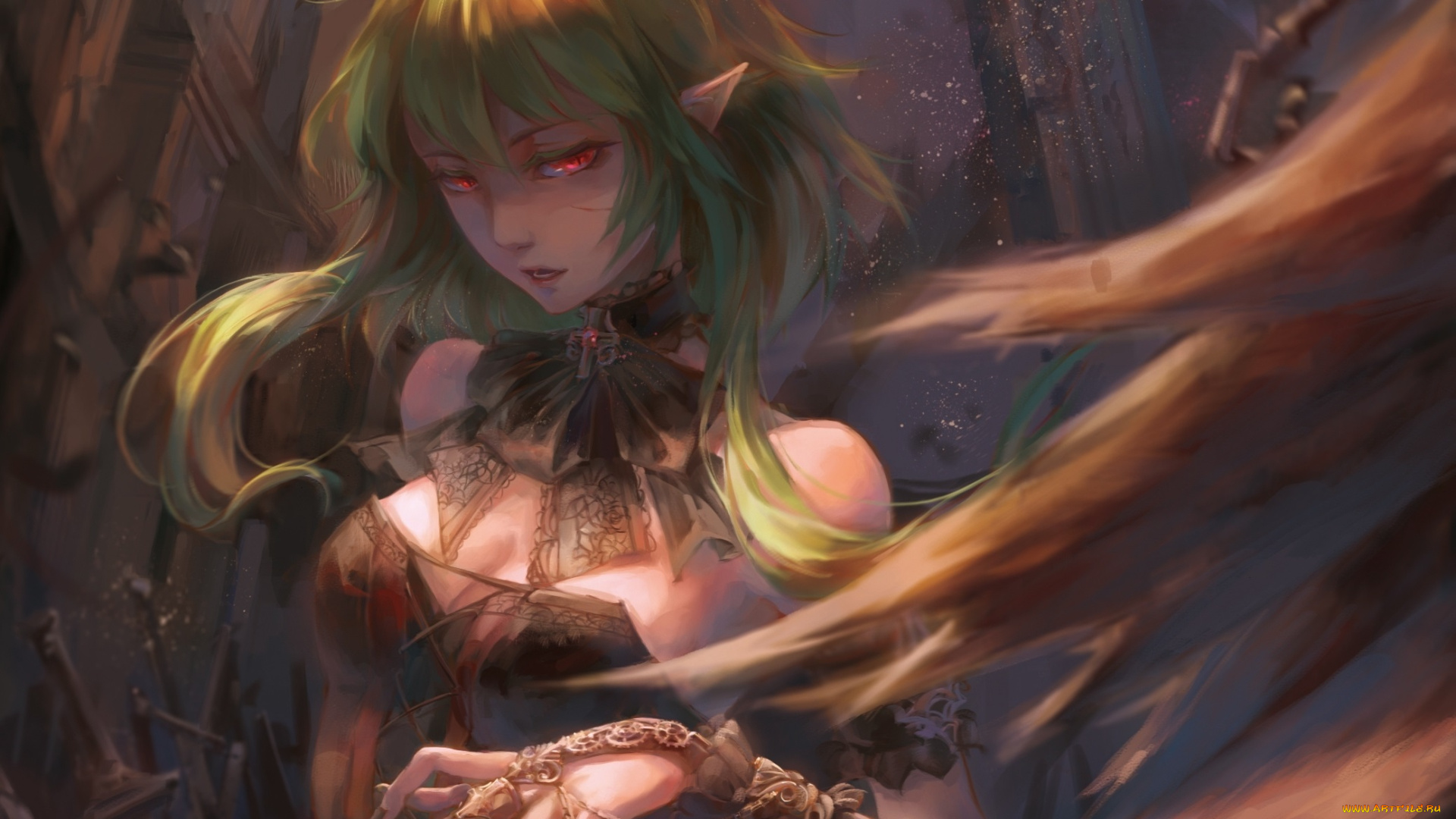 аниме, vocaloid, эльф, ушки, крылья, gumi, девушка, jlien-, арт