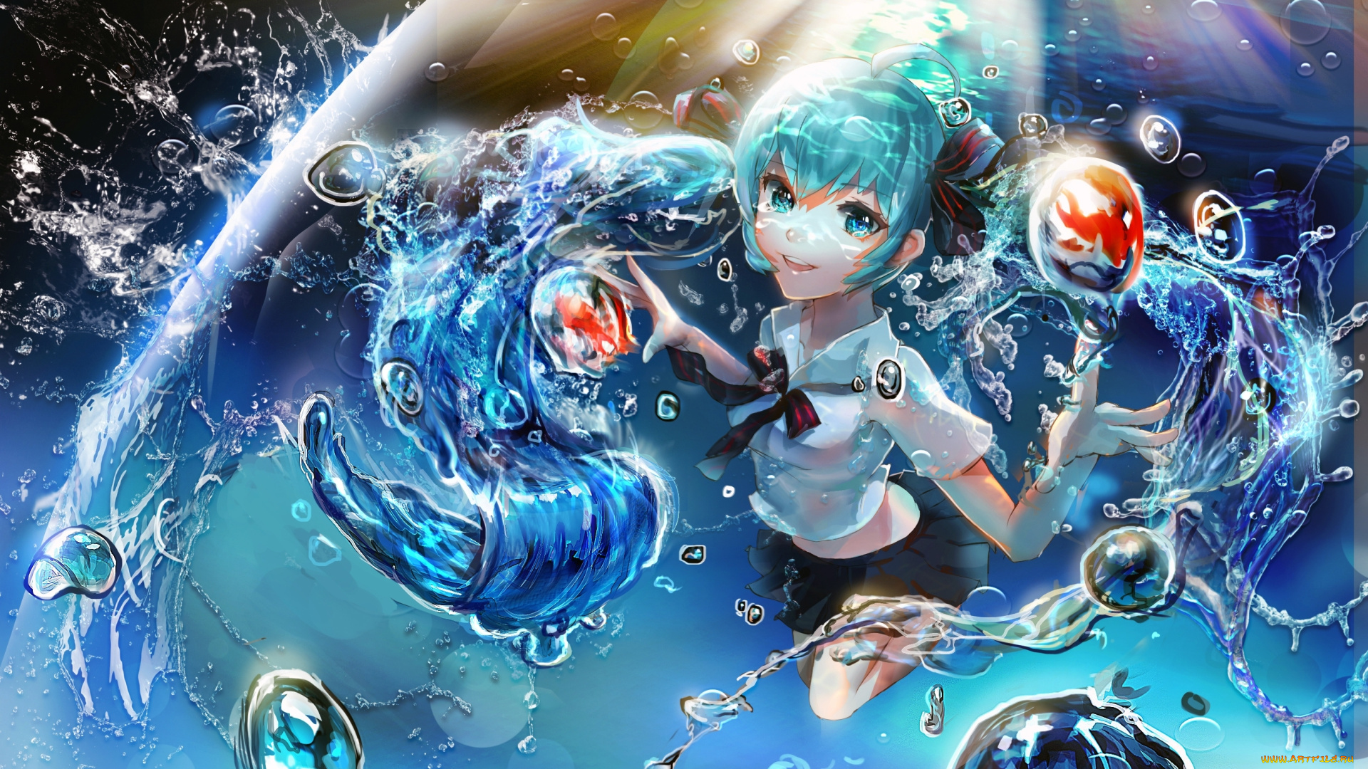 аниме, vocaloid, miku, hatsune, вода, музыка, арт, девочка, капли