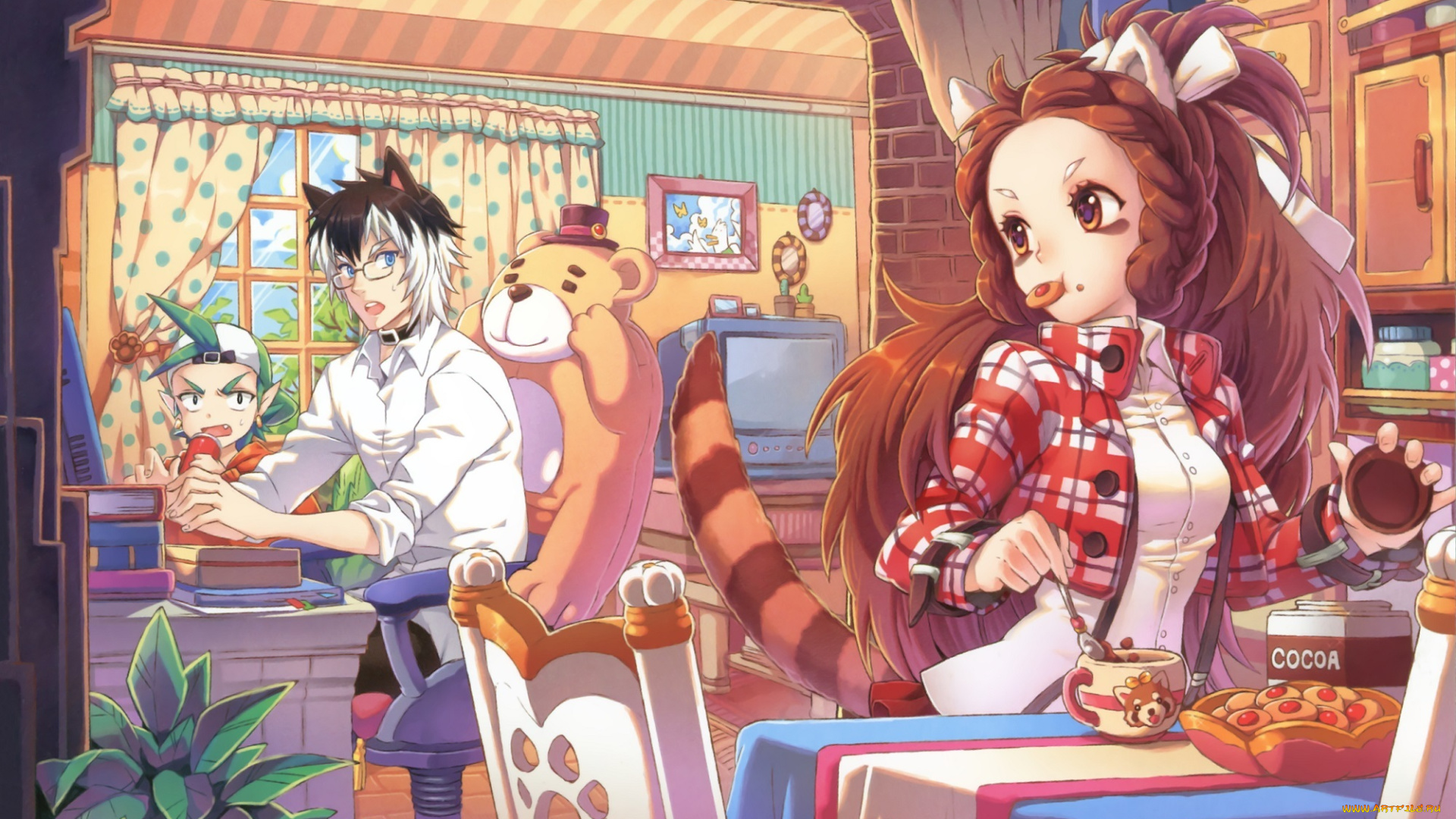 аниме, животные, , существа, телевизор, стол, nardack, neko, кухня, семья, рыжая, печенье, кресло, art, окно, занавески