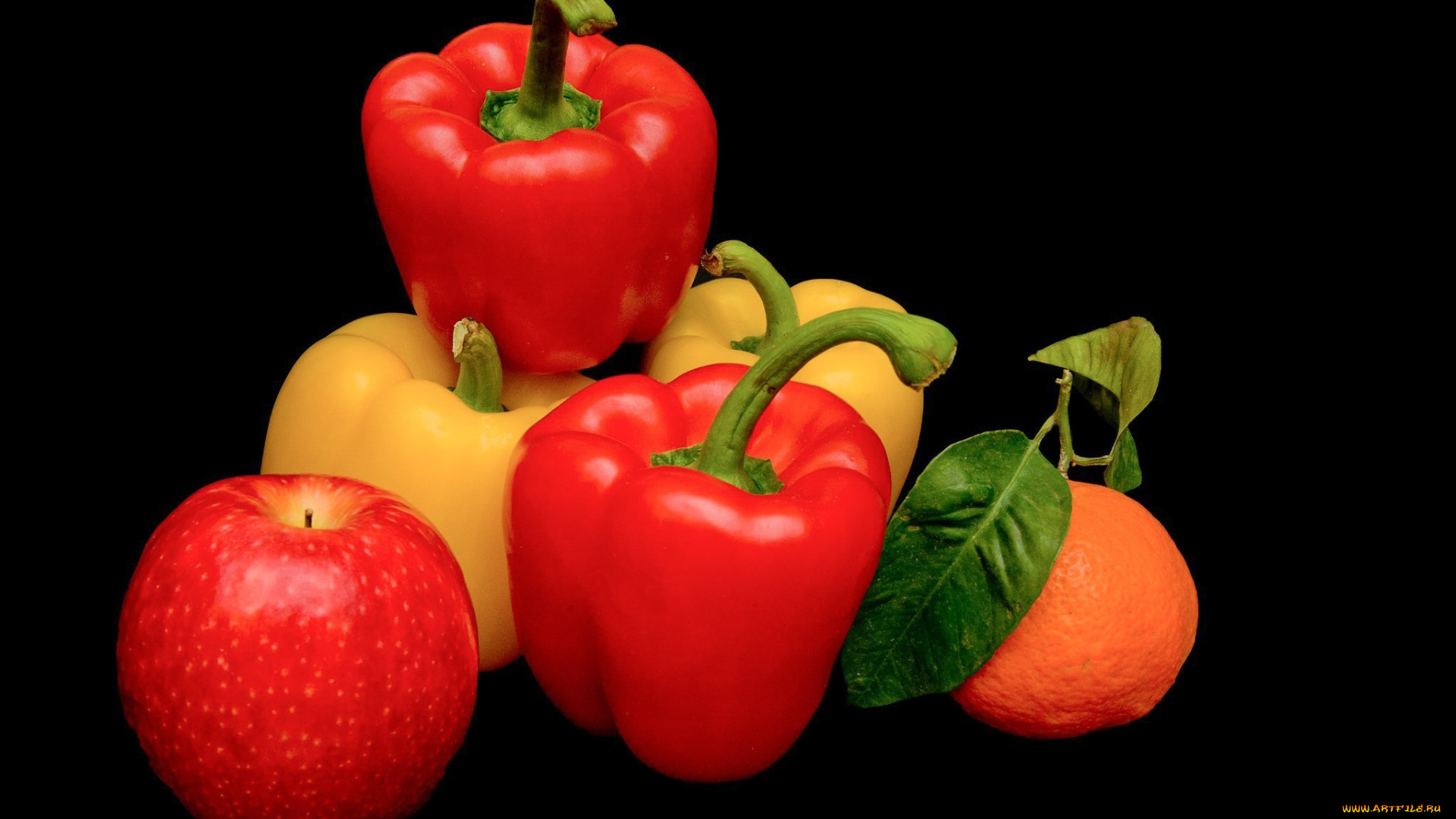 еда, фрукты, и, овощи, вместе, апельсин, яблоко, перчики