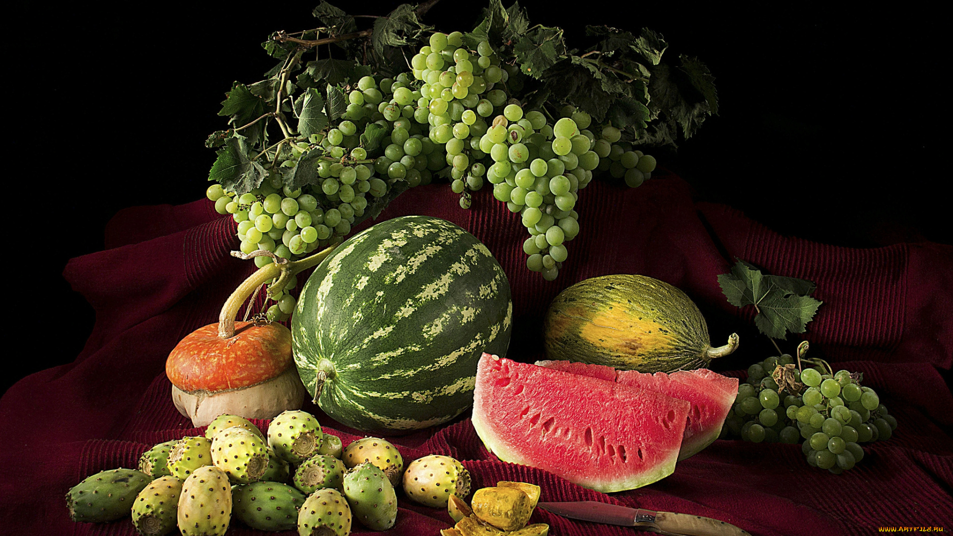 еда, фрукты, и, овощи, вместе, виноград, тыква, арбуз, орехи