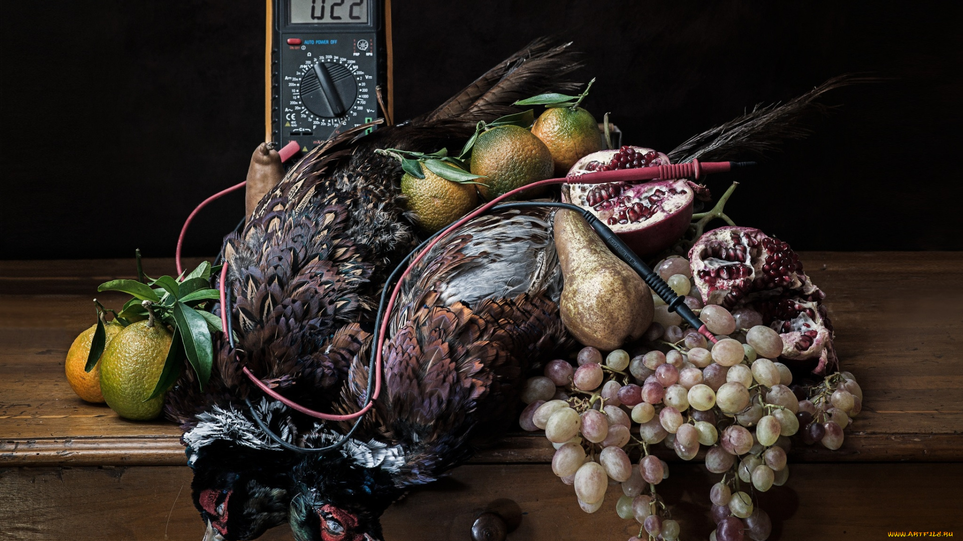 еда, натюрморт, часы, виноград, фрукты, дичь
