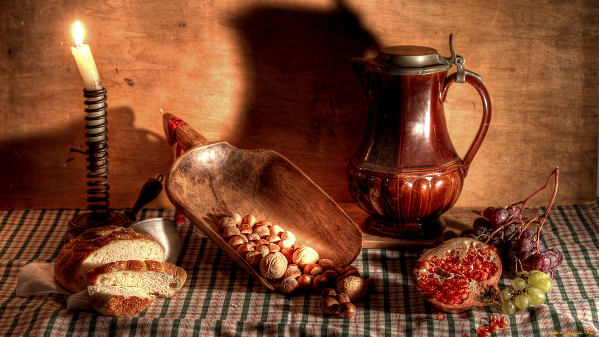 еда, натюрморт, хлеб, свеча, фрукты, орехи
