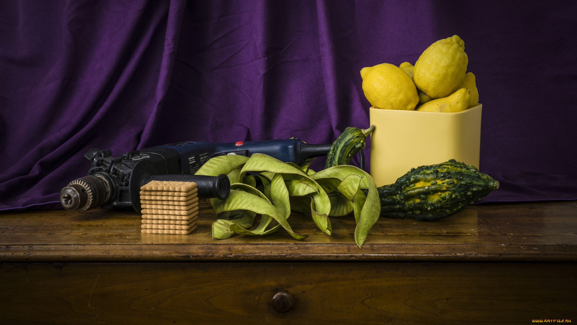 еда, натюрморт, овощи, галеты, дрель, лимоны