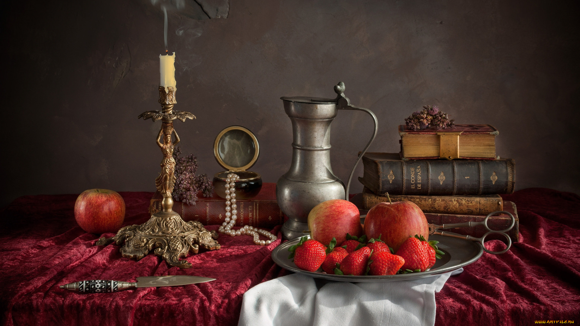 еда, натюрморт, яблоки, клубника, книги, свеча