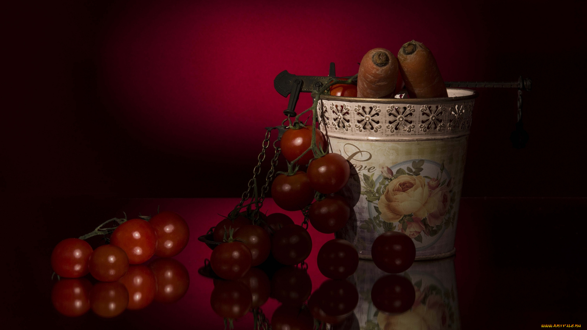 еда, овощи, ваза, морковка, томаты