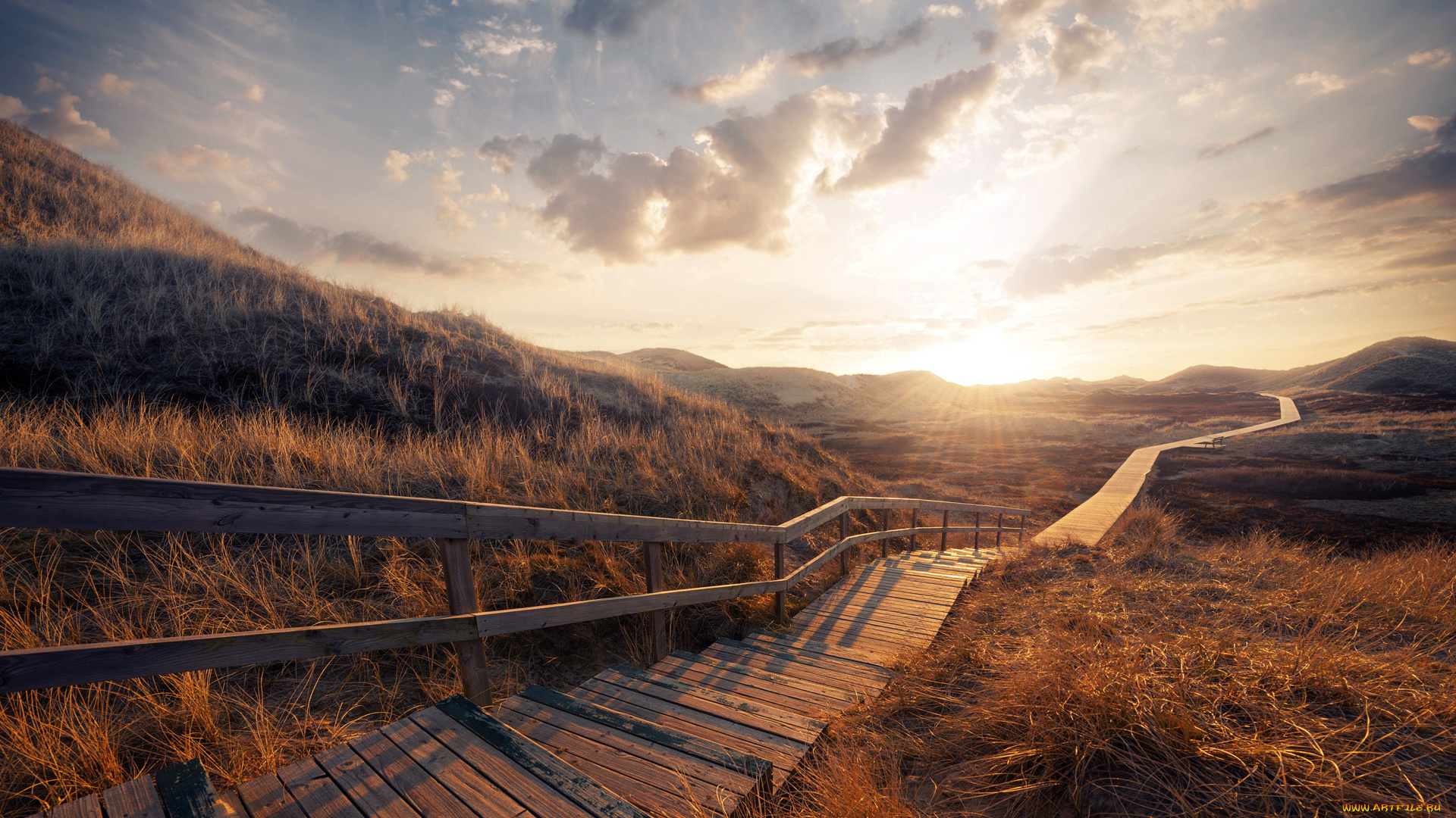 природа, другое, облака, холмы, небо, тропа, ступеньеи, трава