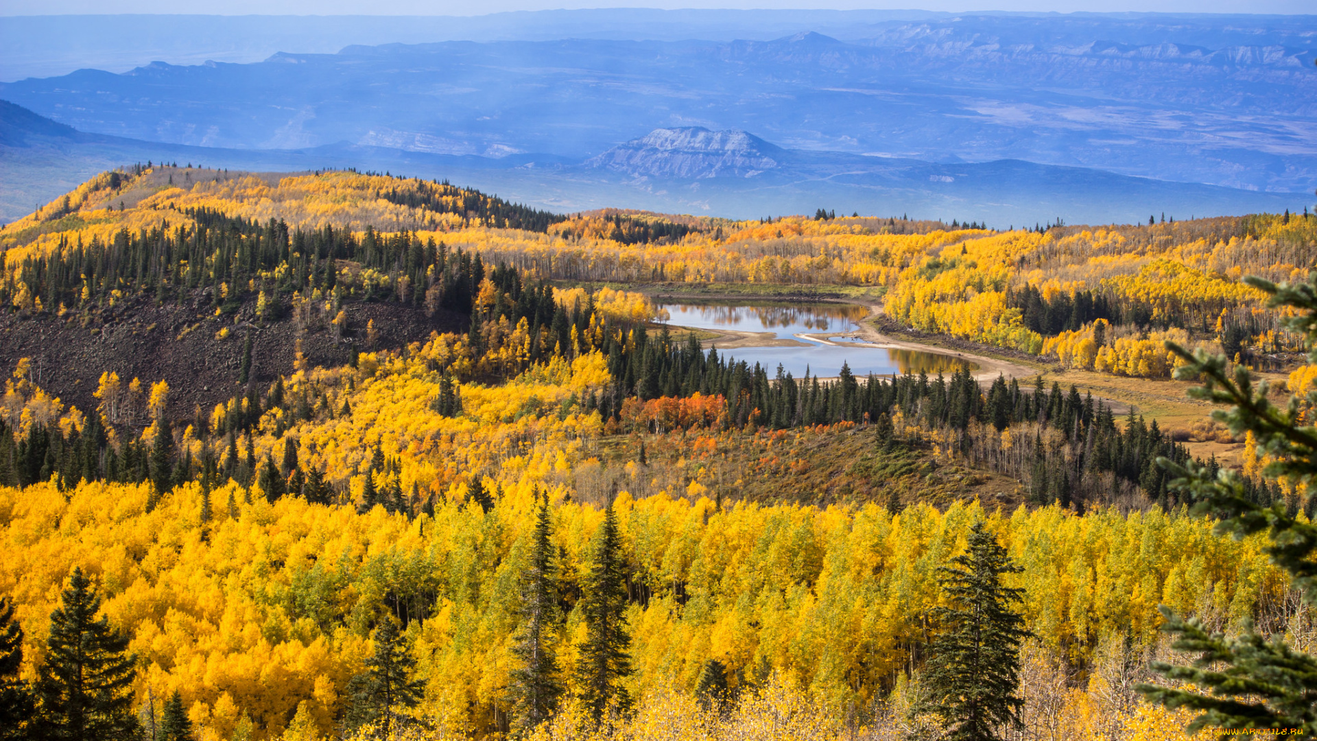природа, лес, озеро, горы, пейзаж, деревья, осень