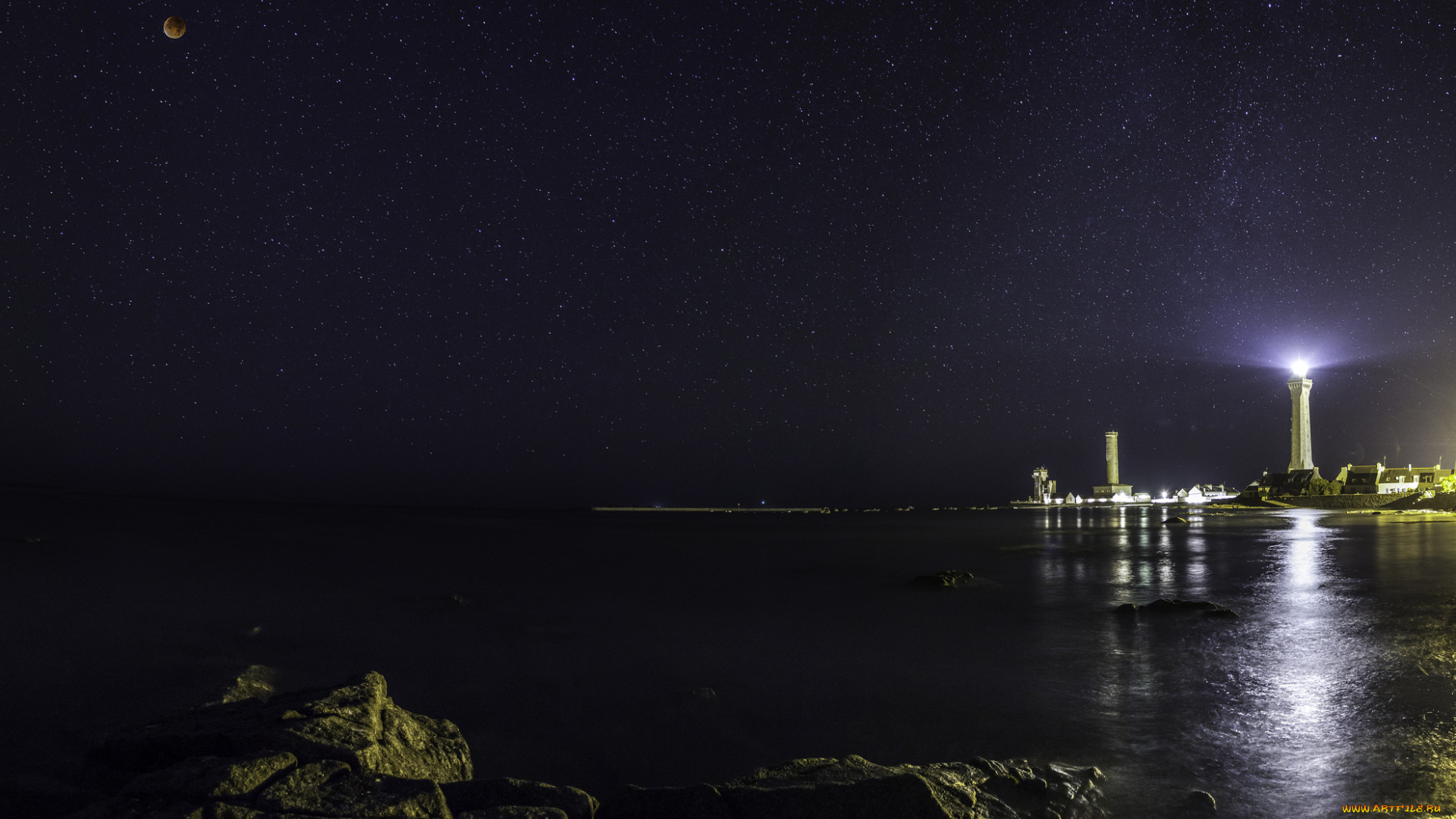 природа, маяки, свет, море, луна, маяк, звёздное, небо, ночь