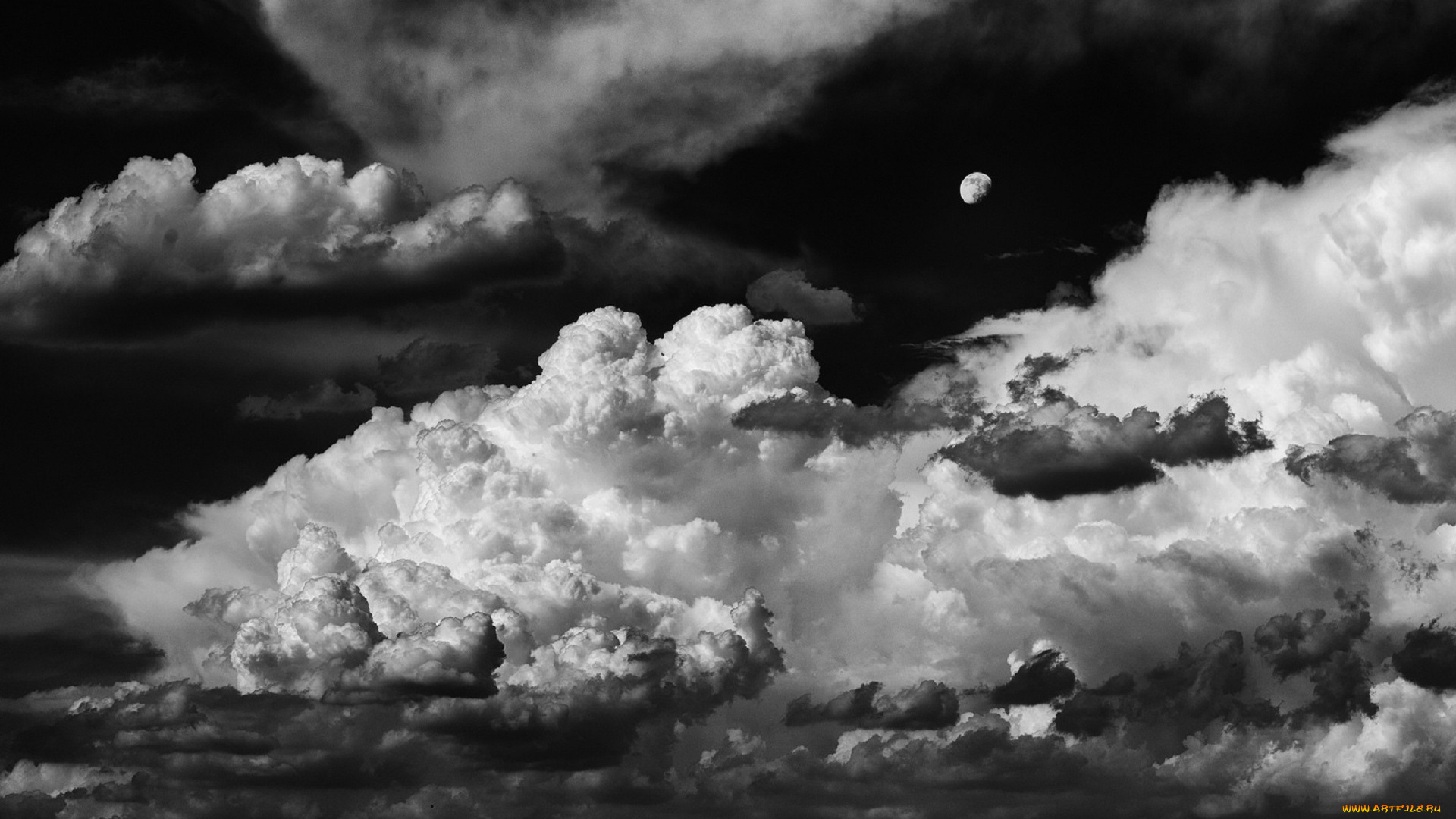 природа, облака, чёрно-белое, фото, луна
