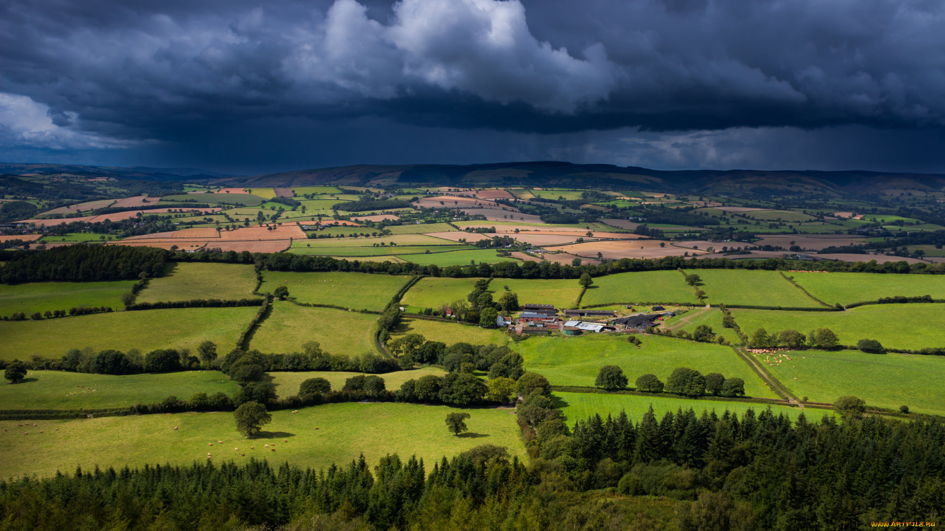 природа, пейзажи, вид, сверху, тучи, поля, пейзаж