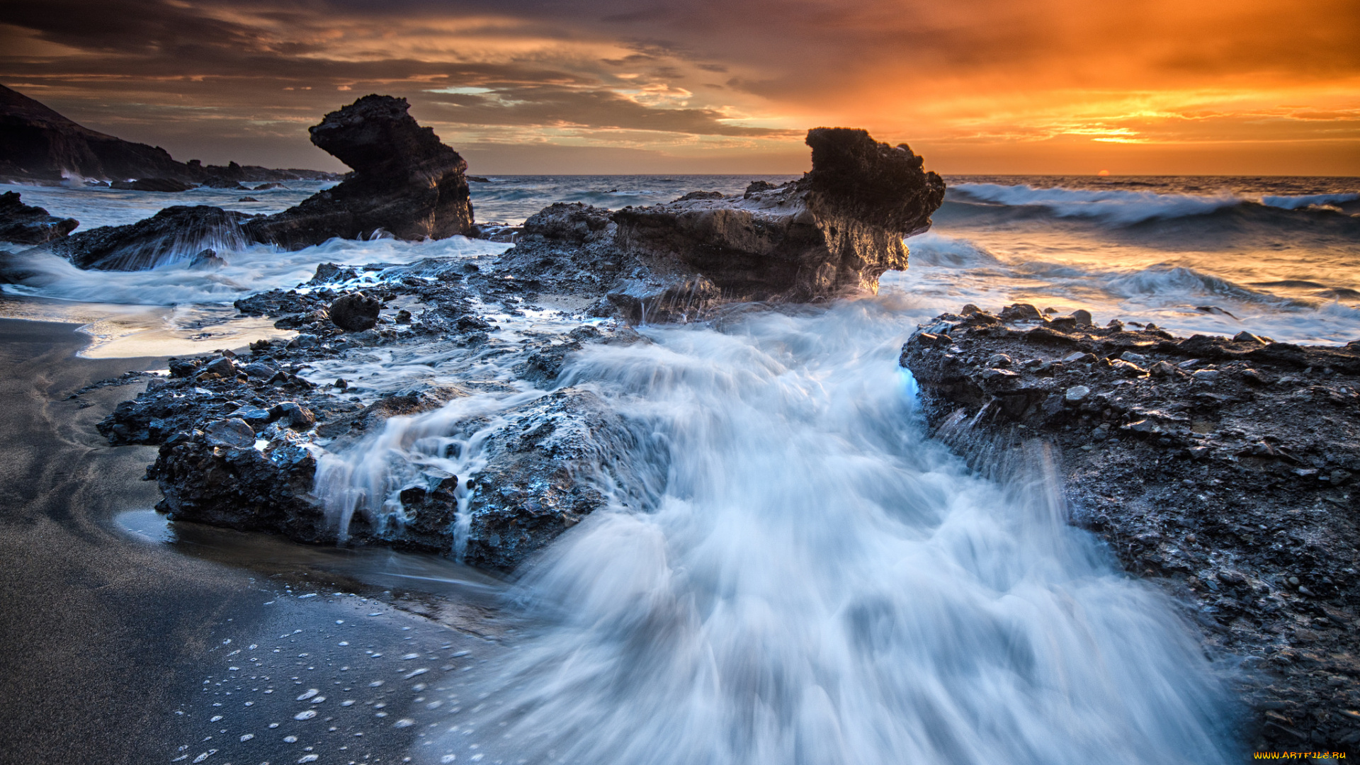 природа, побережье, испания, пляж, скалы, закат