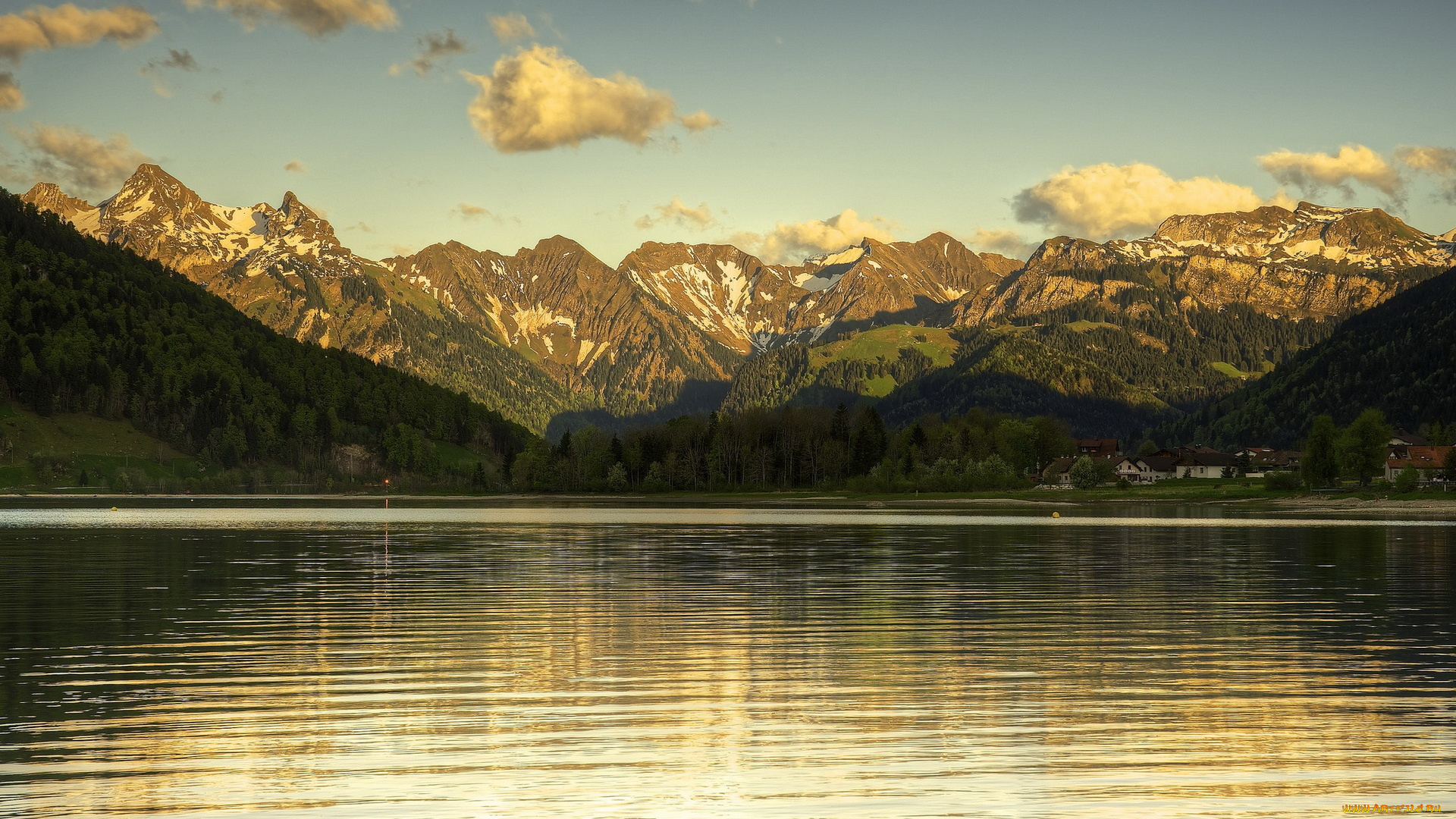 природа, реки, озера, дома, озеро, горы