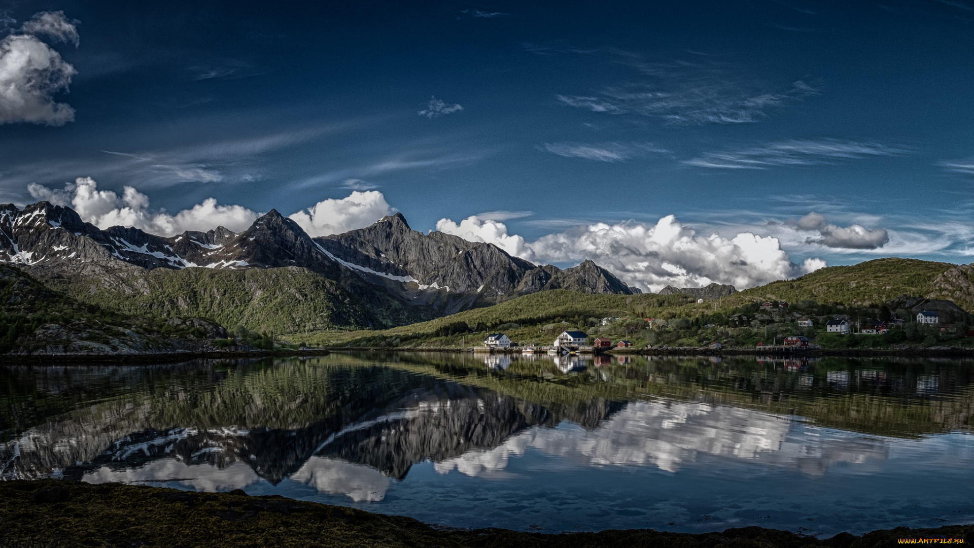 природа, реки, озера, kalle, lofoten, norway, калле, лофотенские, острова, остров, эуствогёй, норвегия, деревня, фьорд, горы, облака, отражение