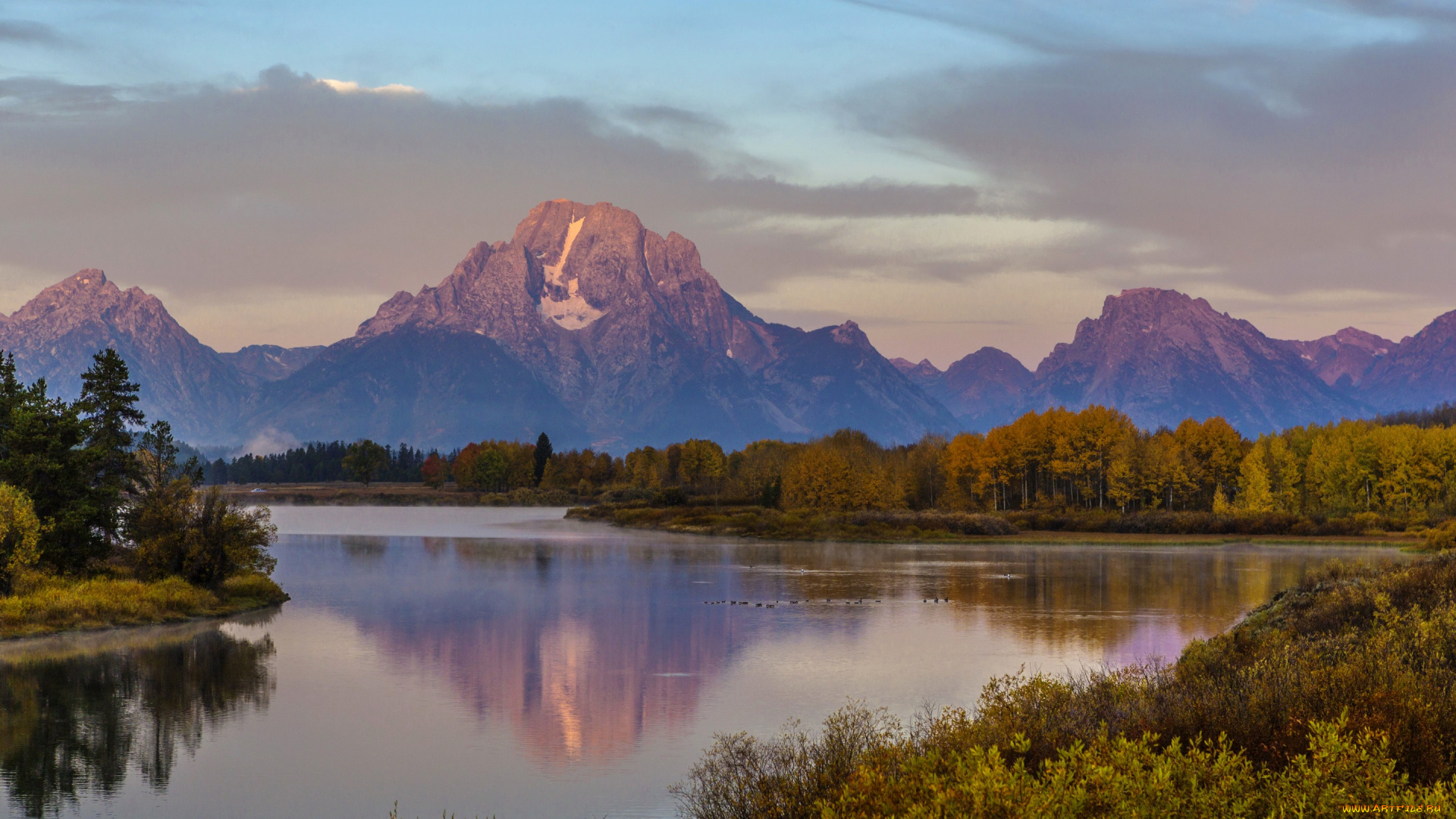 природа, реки, озера, wyoming, grand, teton, national, park, вечер, осень, озеро, горы, лес, сша