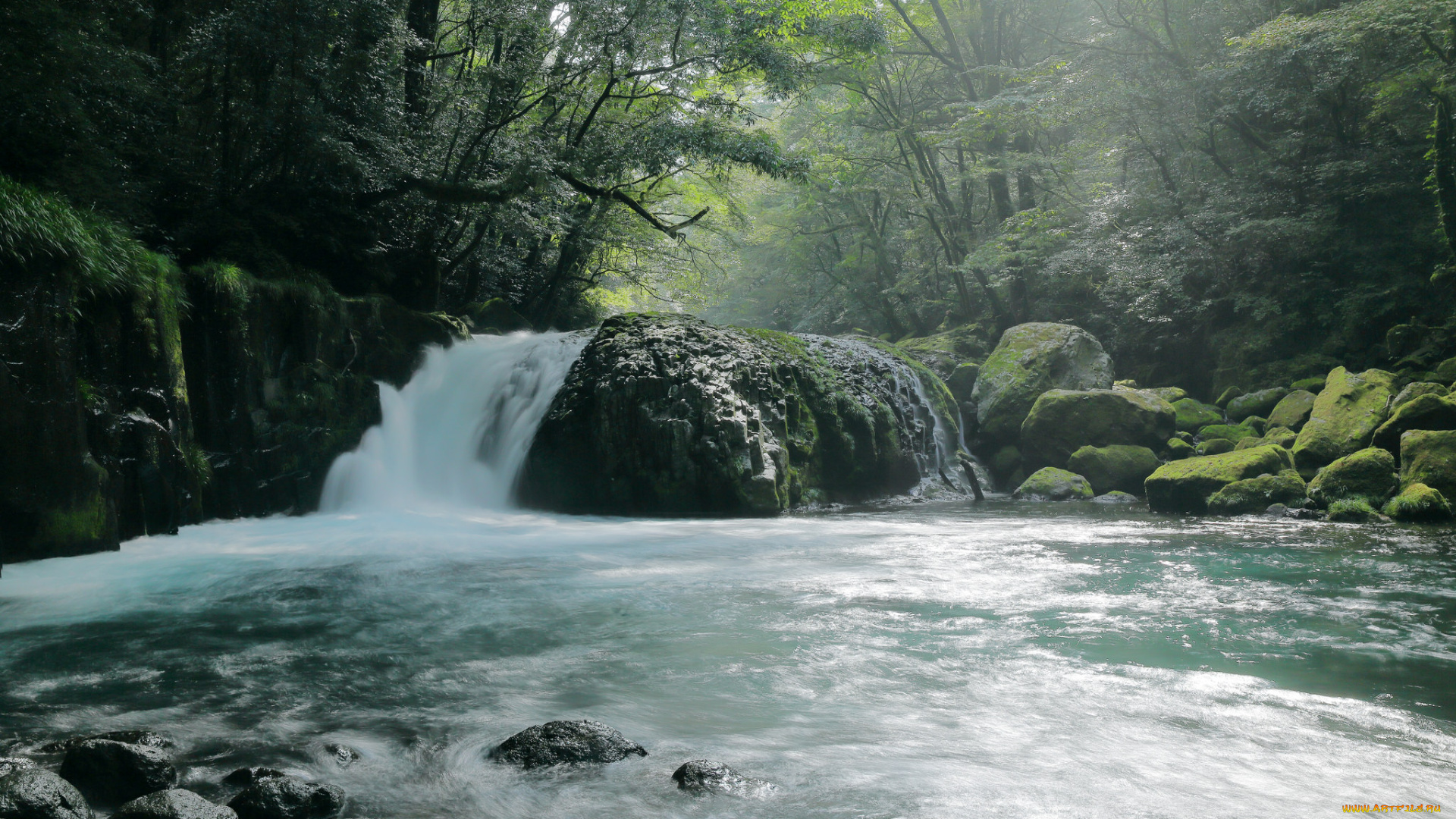природа, водопады, лес, река, деревья, водопад