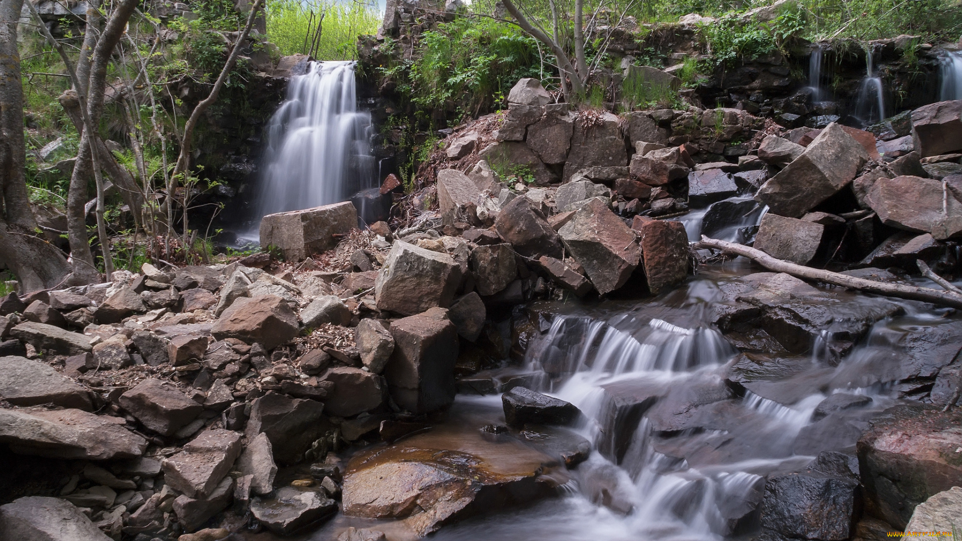природа, водопады, лес, река, водопад