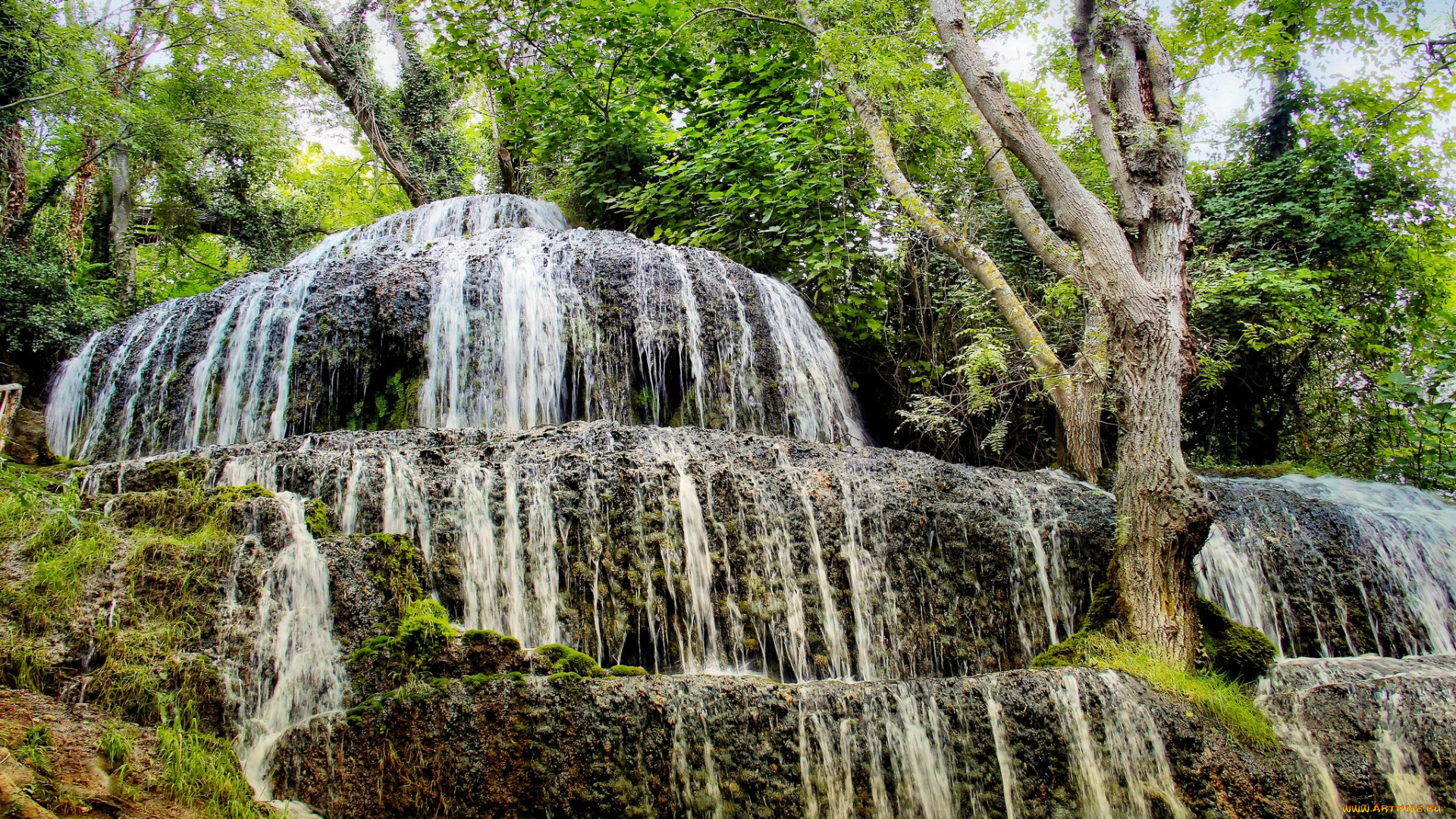 природа, водопады, река, лес, водопад