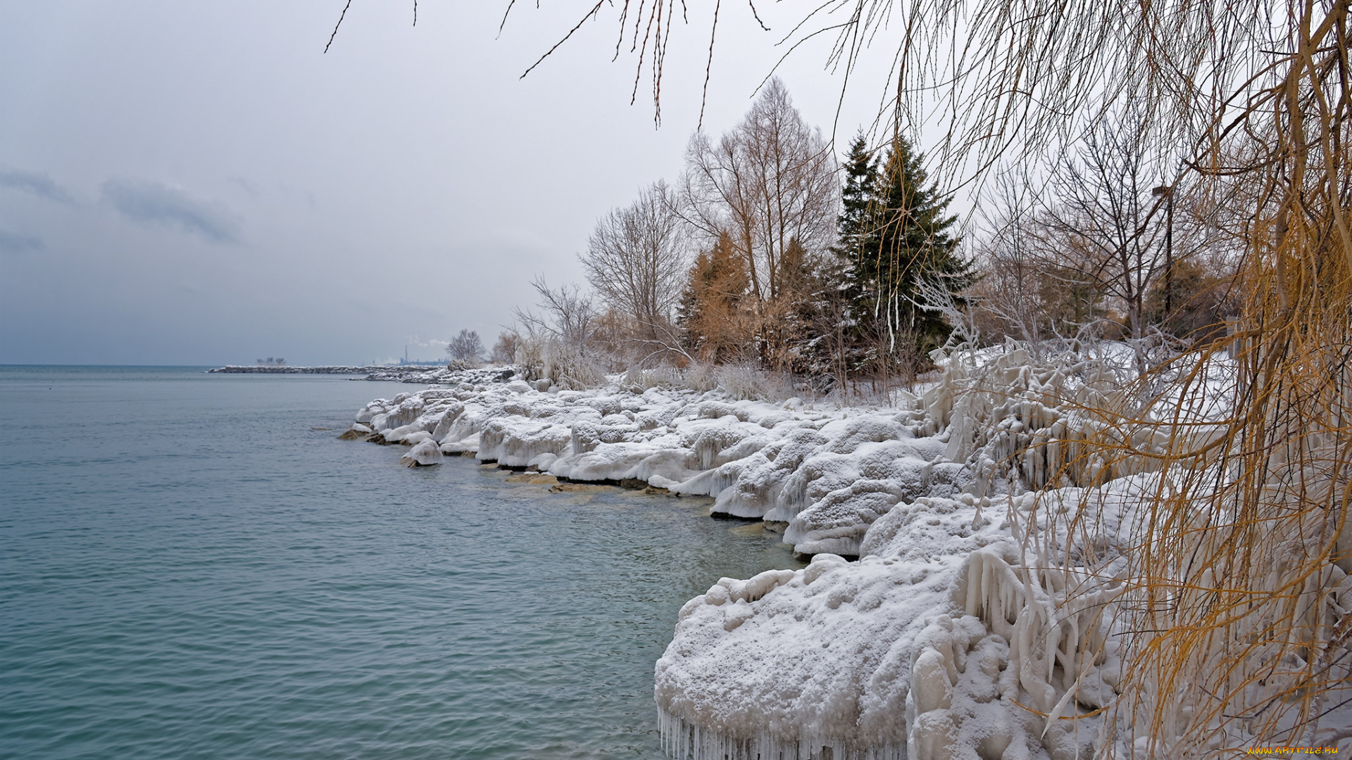 природа, зима, сосульки, снег, река, лес