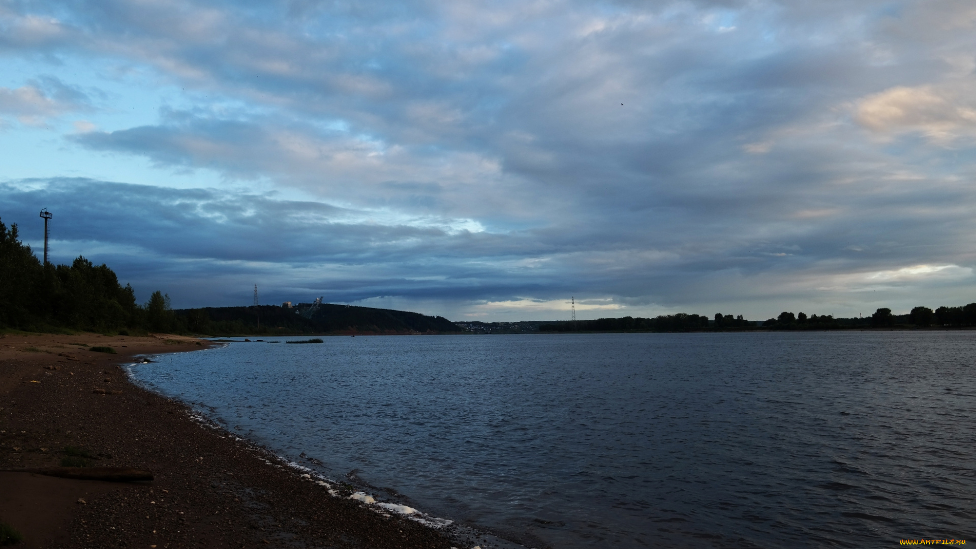 река, кама, природа, реки, озера, вечер, облака, деревья, небо, берег