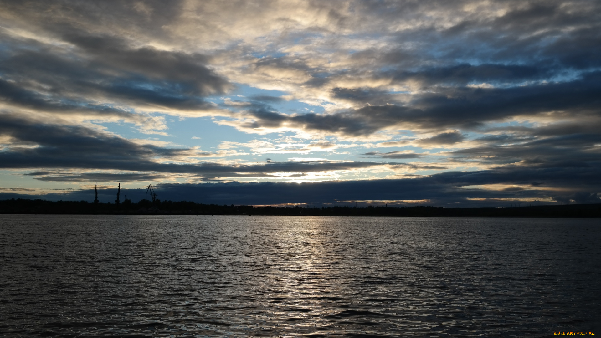 река, кама, природа, восходы, закаты, краны, вода, вечер, силуэты, небо, тучи