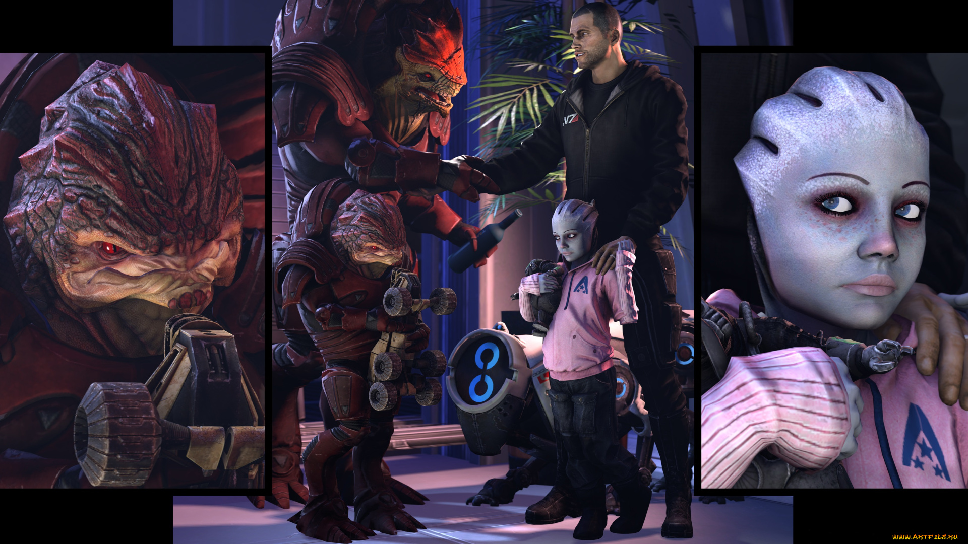 видео, игры, mass, effect, mass, effect, urdnot, wrex, krogan, дети, shepard, fan, art, asari