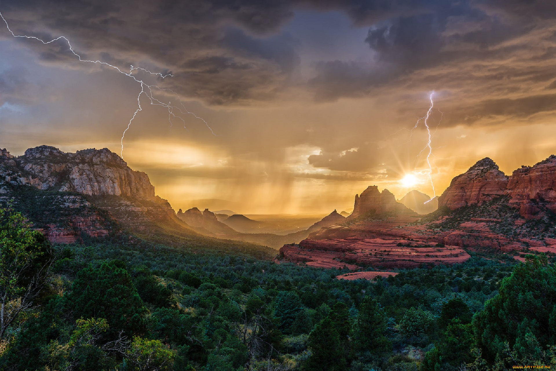 природа, молния, , гроза, дерево, закат, небо, горы