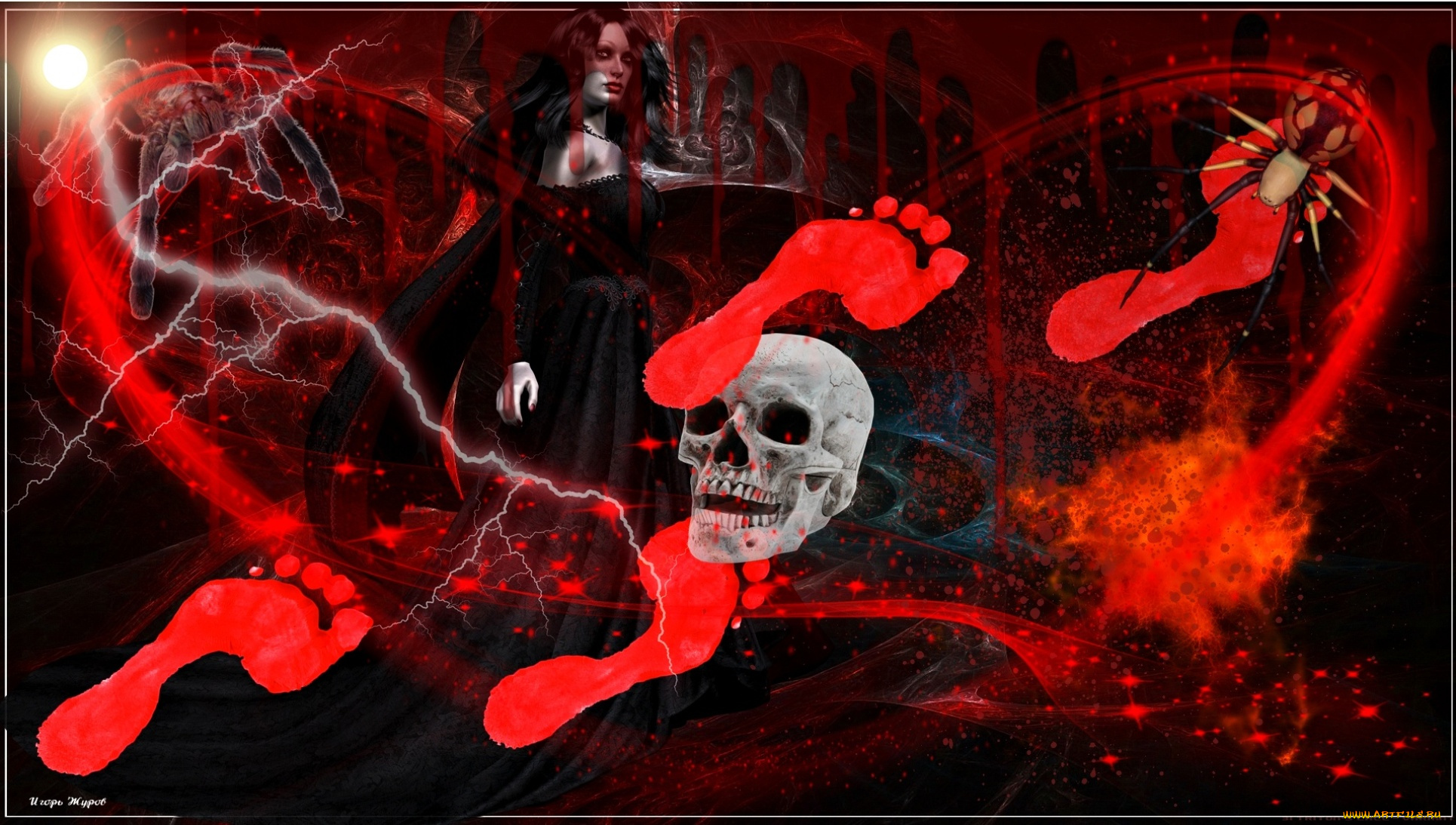 3д, графика, ужас, , horror, пауки, следы, череп, девушка