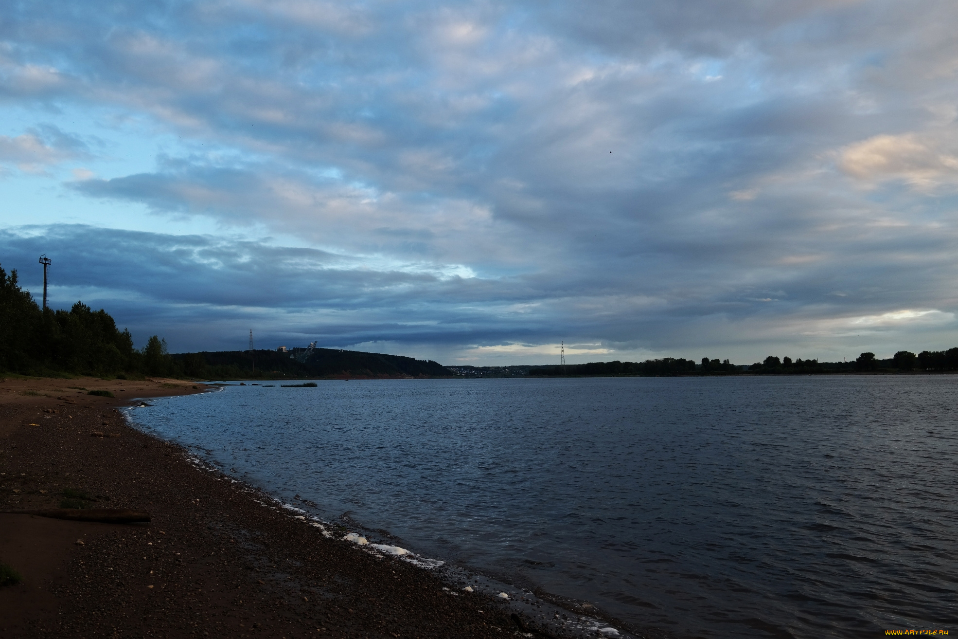 река, кама, природа, реки, озера, вечер, облака, деревья, небо, берег