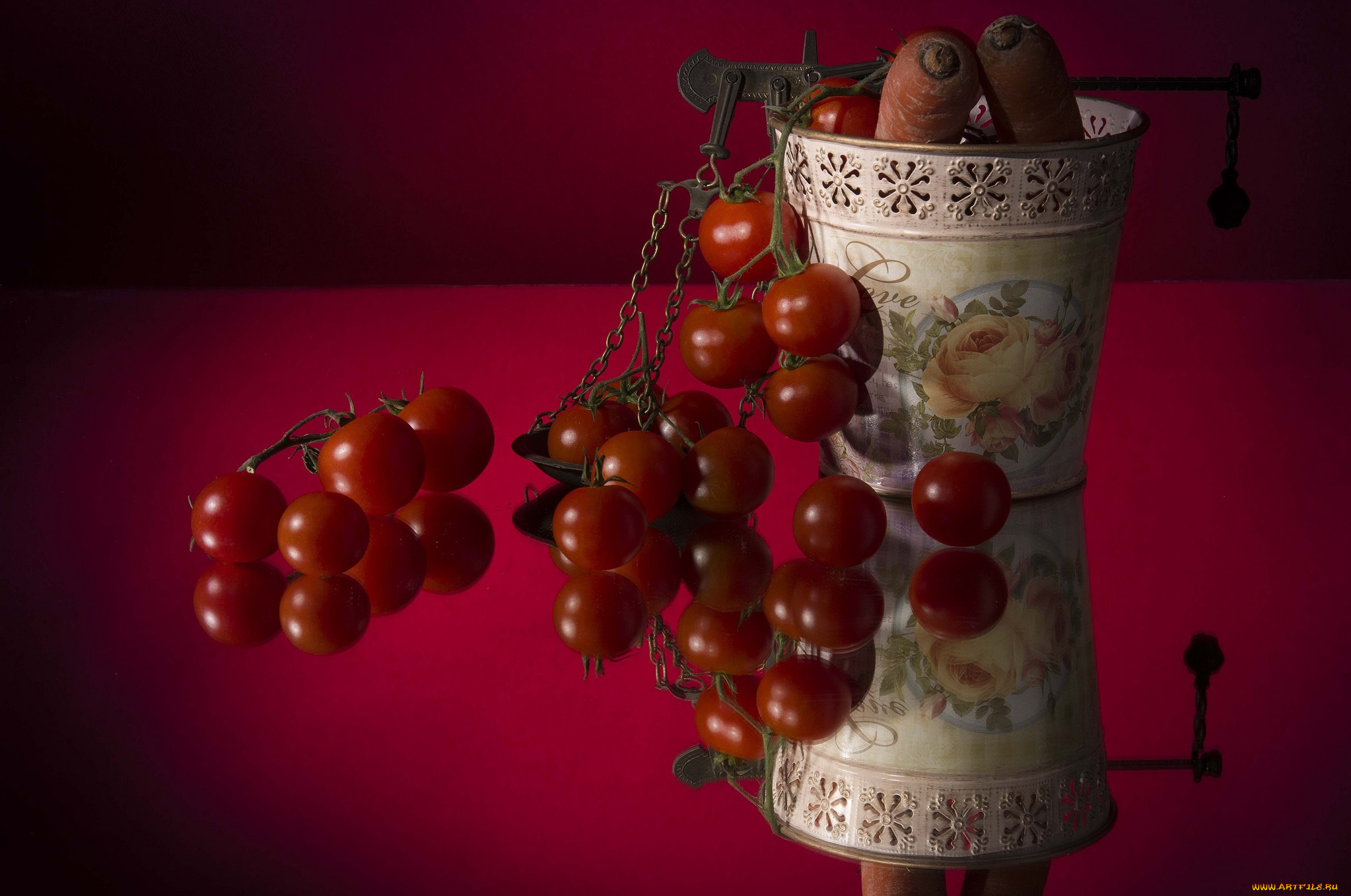 еда, овощи, ваза, морковка, томаты