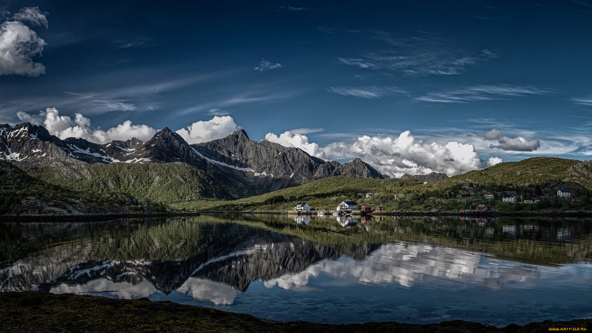 природа, реки, озера, kalle, lofoten, norway, калле, лофотенские, острова, остров, эуствогёй, норвегия, деревня, фьорд, горы, облака, отражение