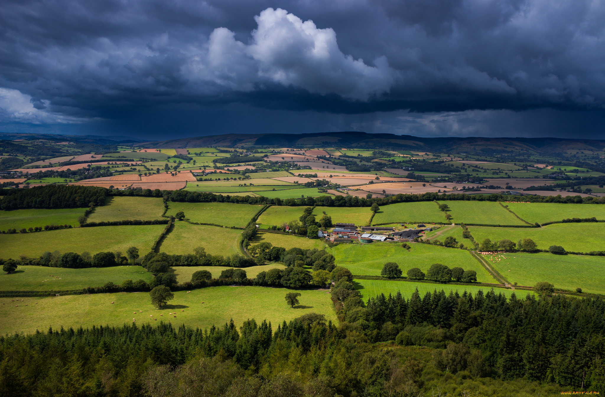 природа, пейзажи, вид, сверху, тучи, поля, пейзаж