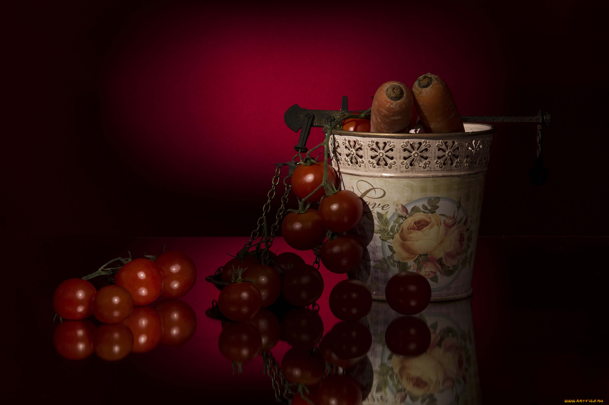 еда, овощи, ваза, морковка, томаты