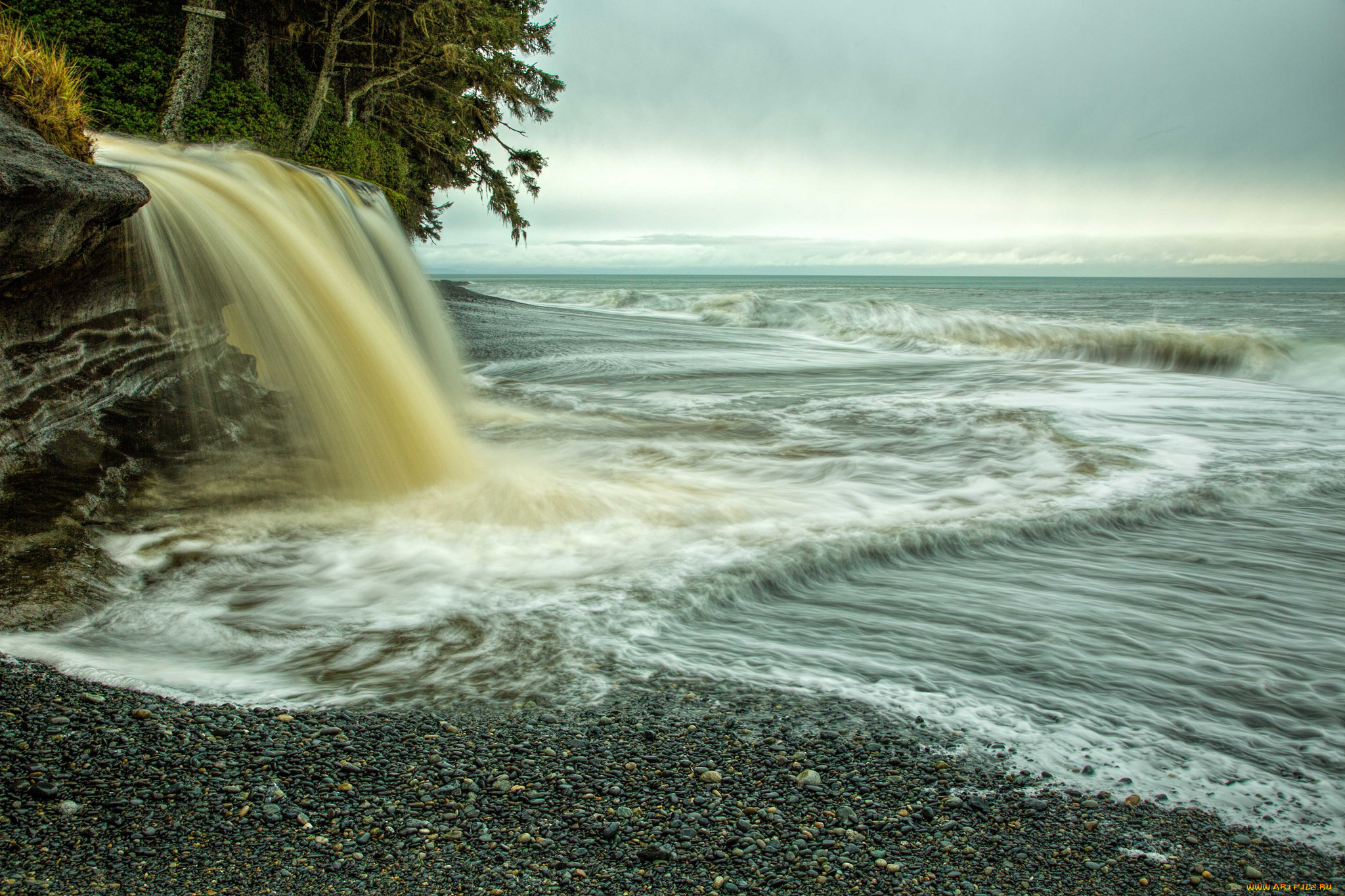 природа, водопады, водопад, побережье
